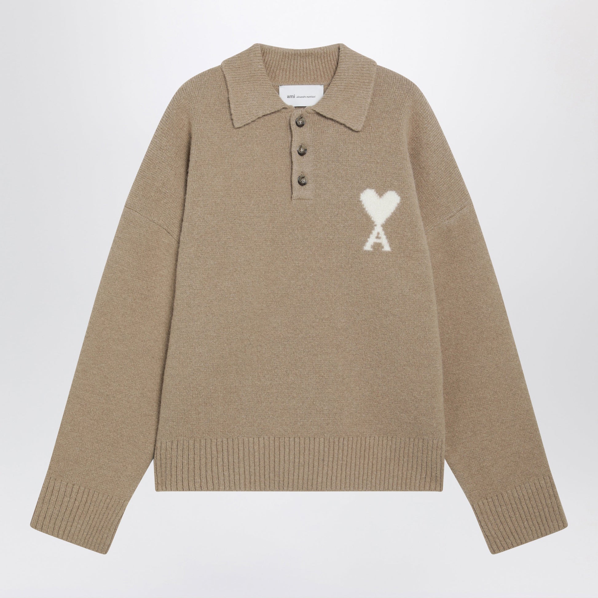 Ami Paris Ami De Coeur Beige Alpaca-Blend Polo Sweater Men AMI PARIS
