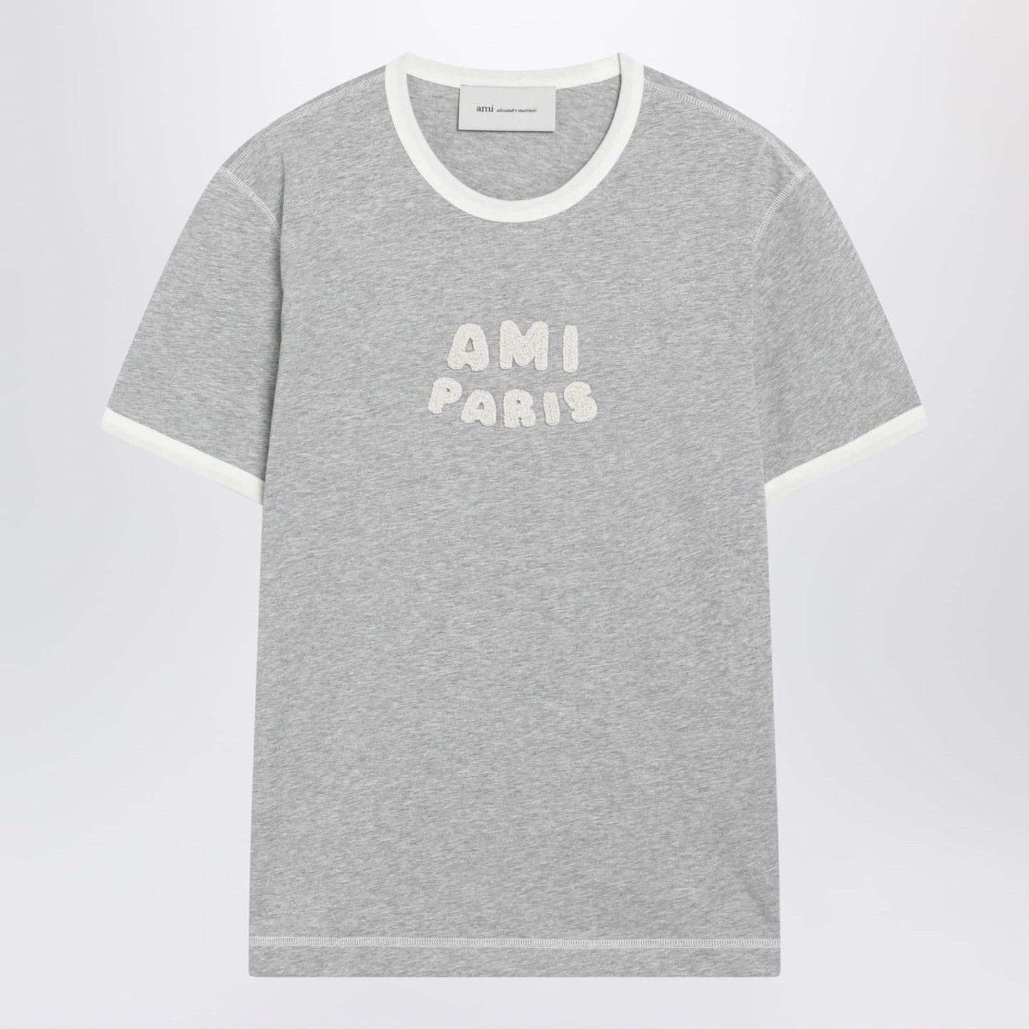 Ami Paris Grey/Cream Cotton T-Shirt With Logo Applique Men AMI PARIS