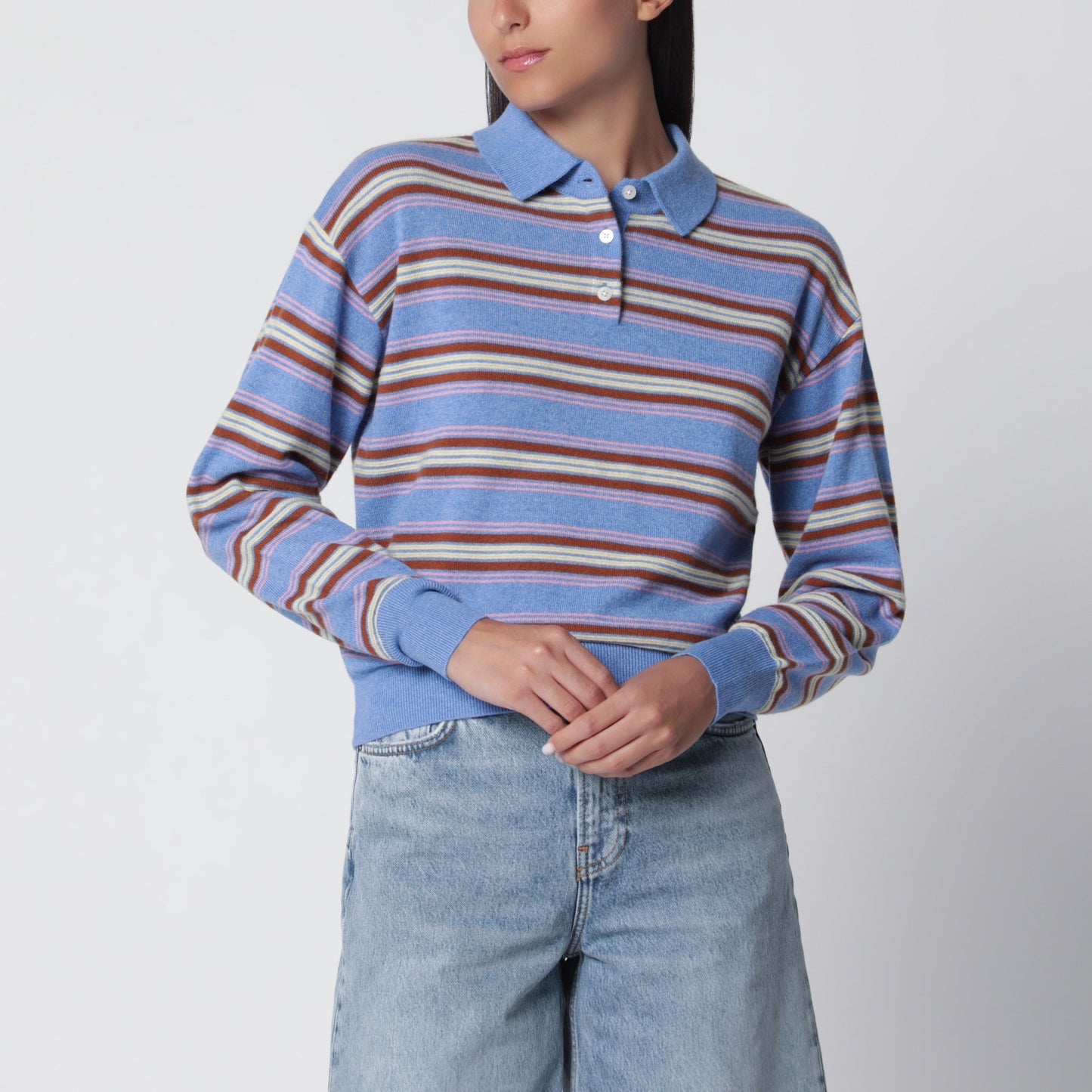 Guest In Residence Collegiate Stripe Polo Sweater Delft Blue Women GUEST IN RESIDENCE
