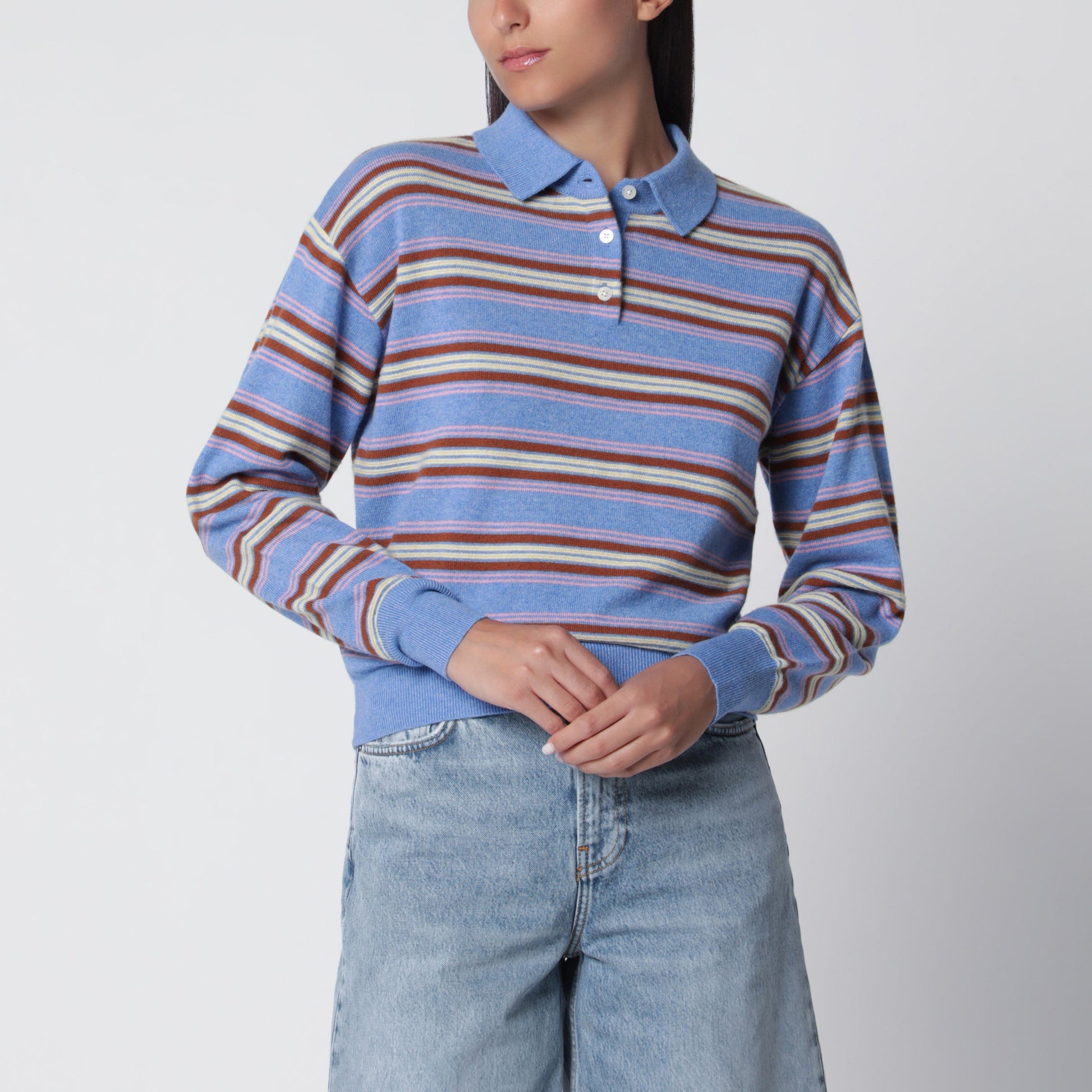 Guest In Residence Collegiate Stripe Polo Sweater Delft Blue Women GUEST IN RESIDENCE