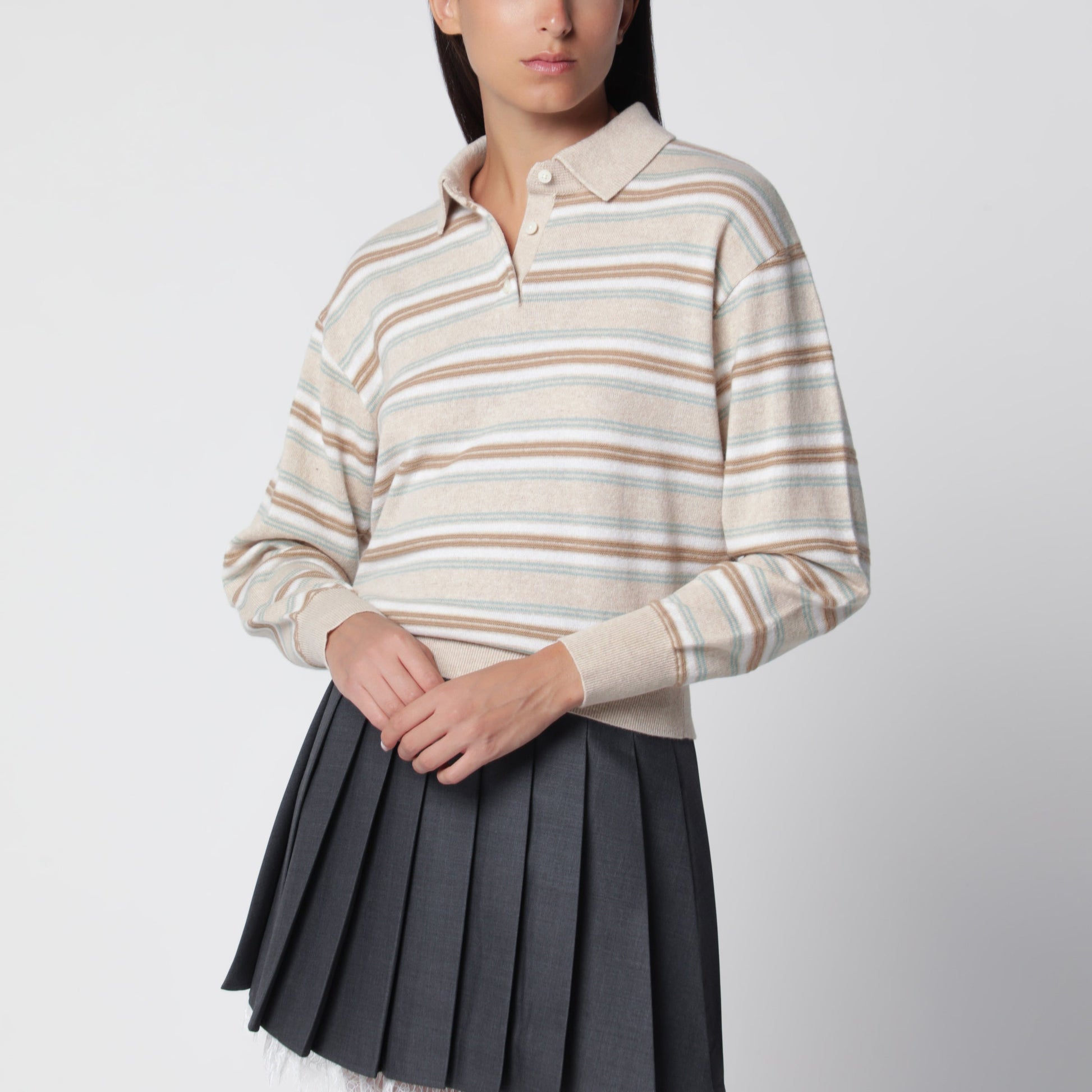 Guest In Residence Collegiate Stripe Polo Sweater Sandstone Women GUEST IN RESIDENCE