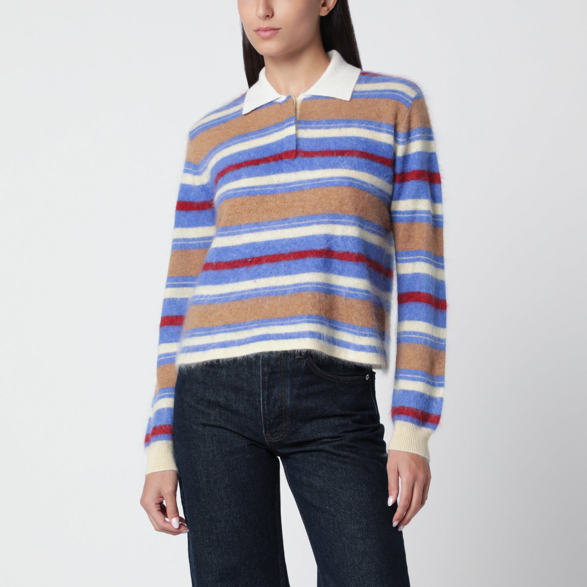 Guest In Residence Light Blue/Beige Grizzly Cropped Rugby Polo Shirt Women GUEST IN RESIDENCE