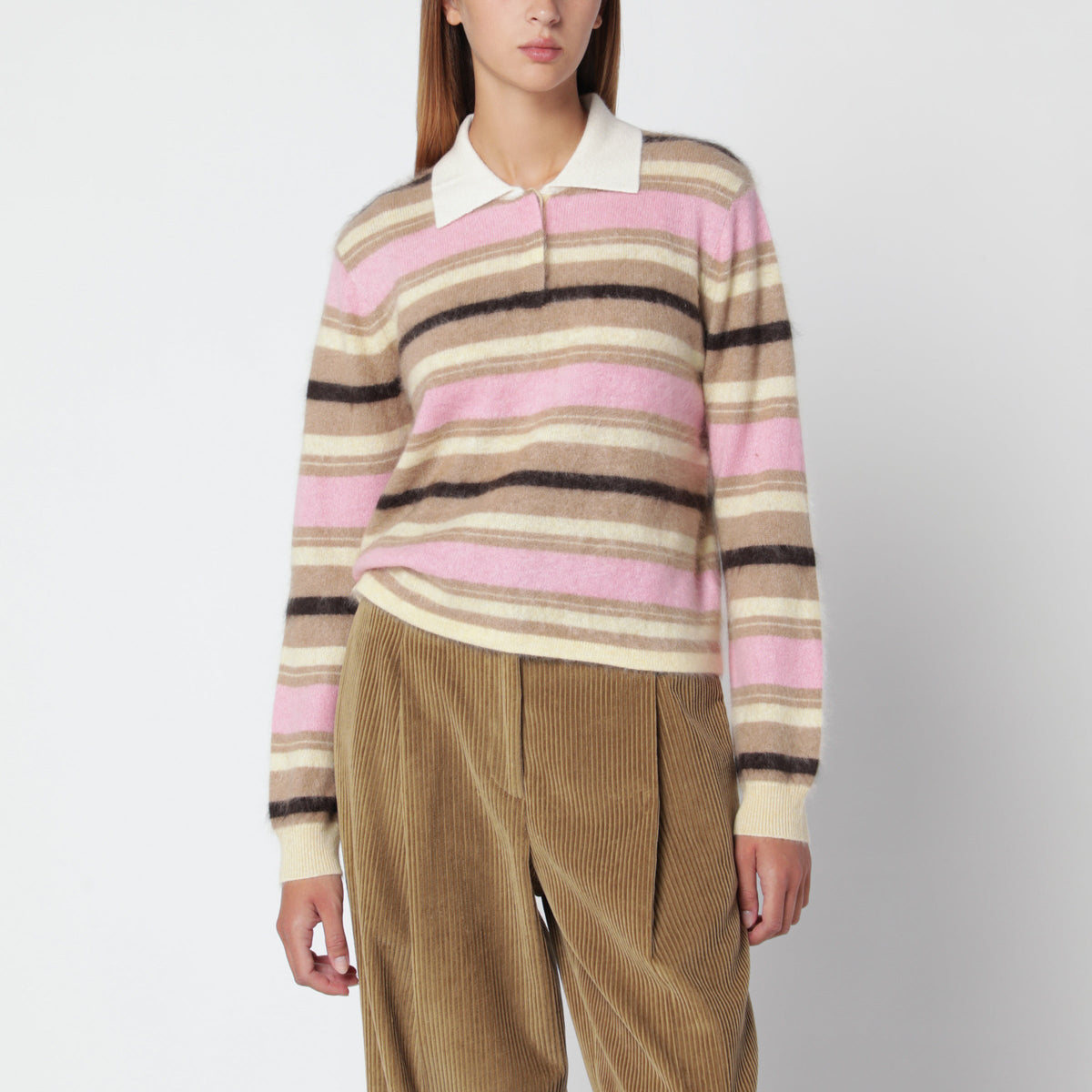 Guest In Residence Pink/Beige Grizzly Cropped Rugby Polo Shirt Women GUEST IN RESIDENCE