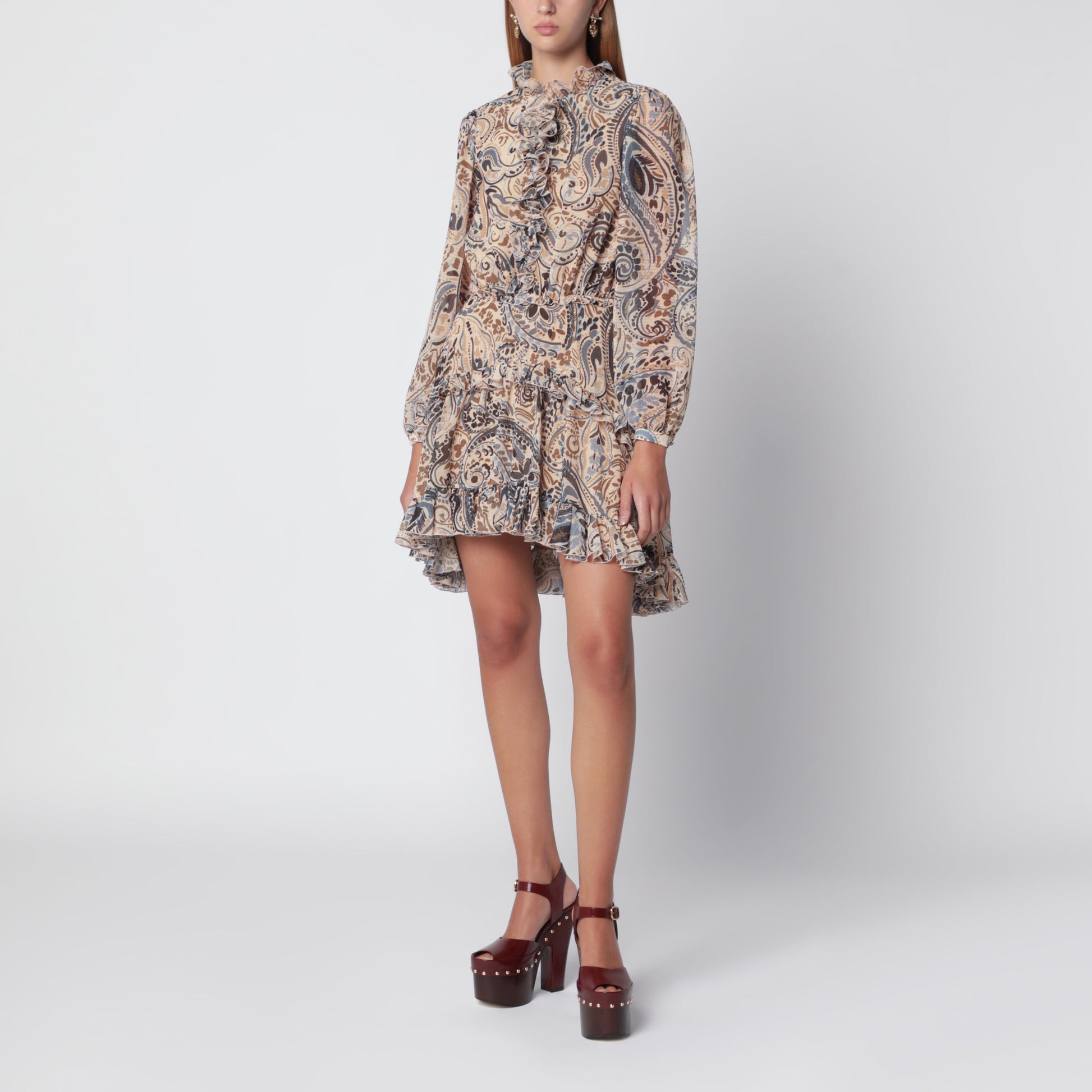 Etro Beige Ruffle Dress With Multicolour Print Women ETRO