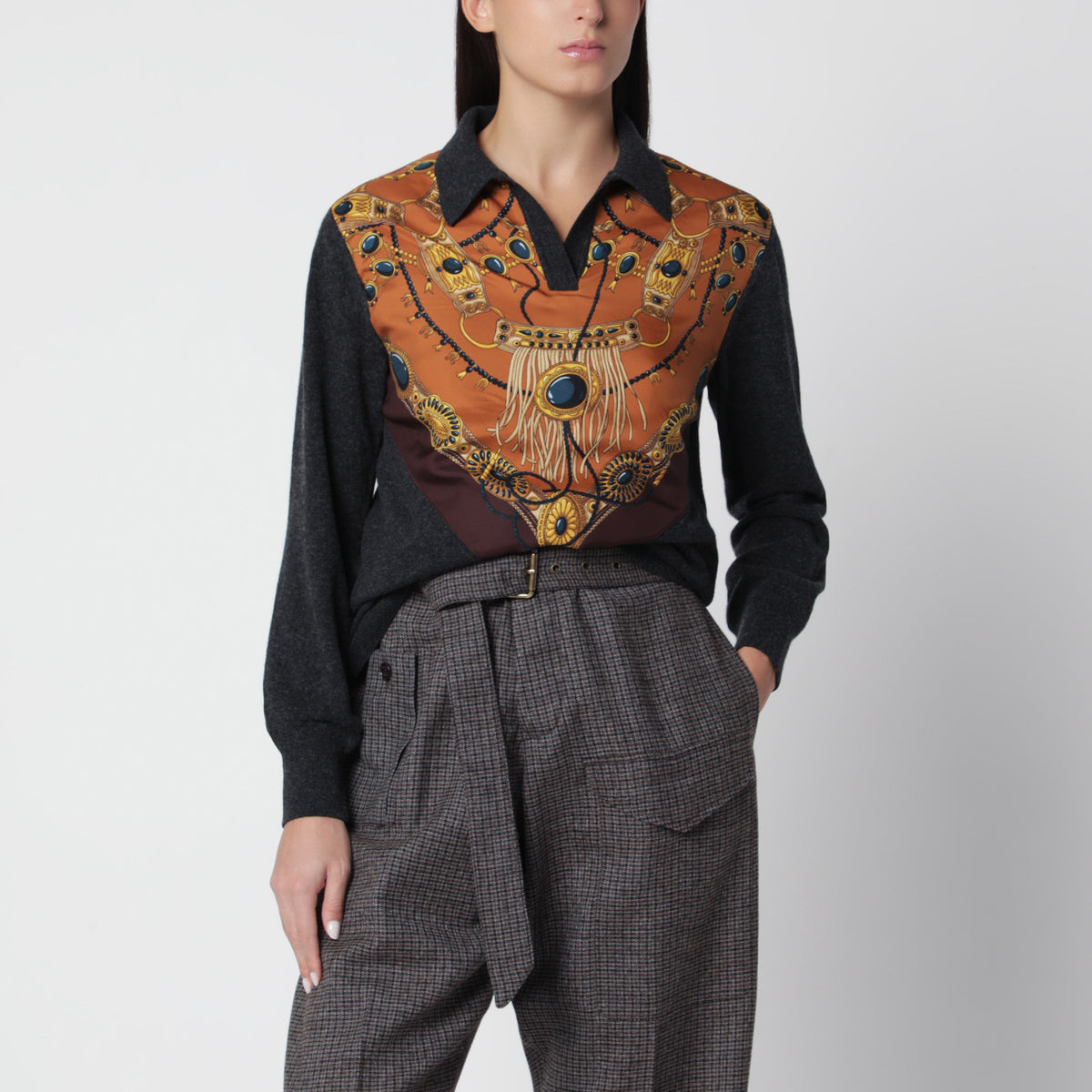 Etro Grey Wool And Cashmere Sweater With Printed Silk Intarsia Women ETRO
