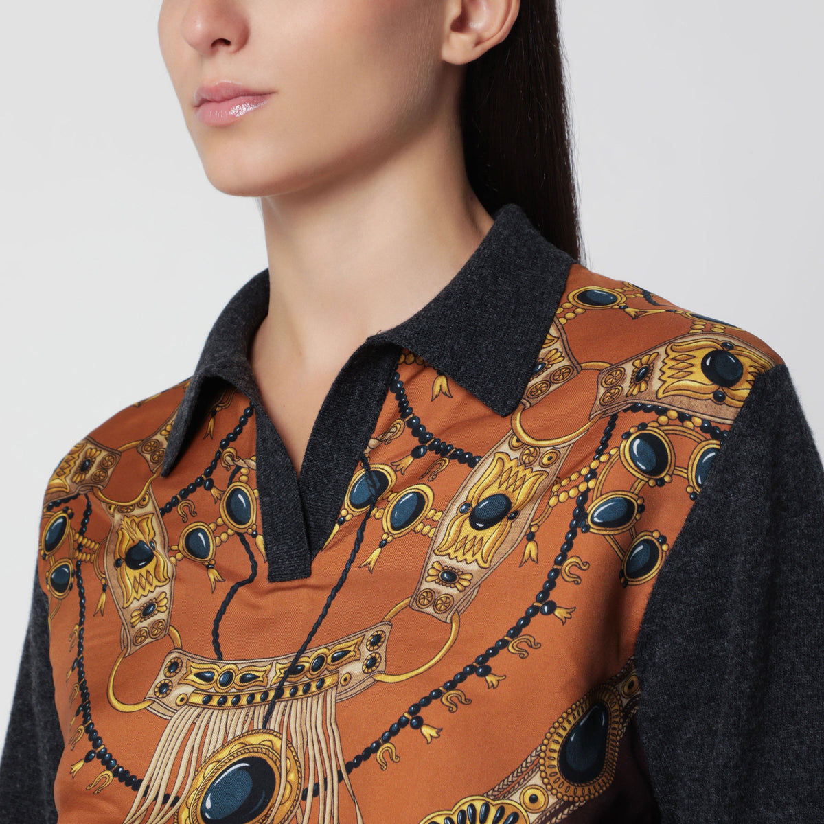 Etro Grey Wool And Cashmere Sweater With Printed Silk Intarsia Women ETRO
