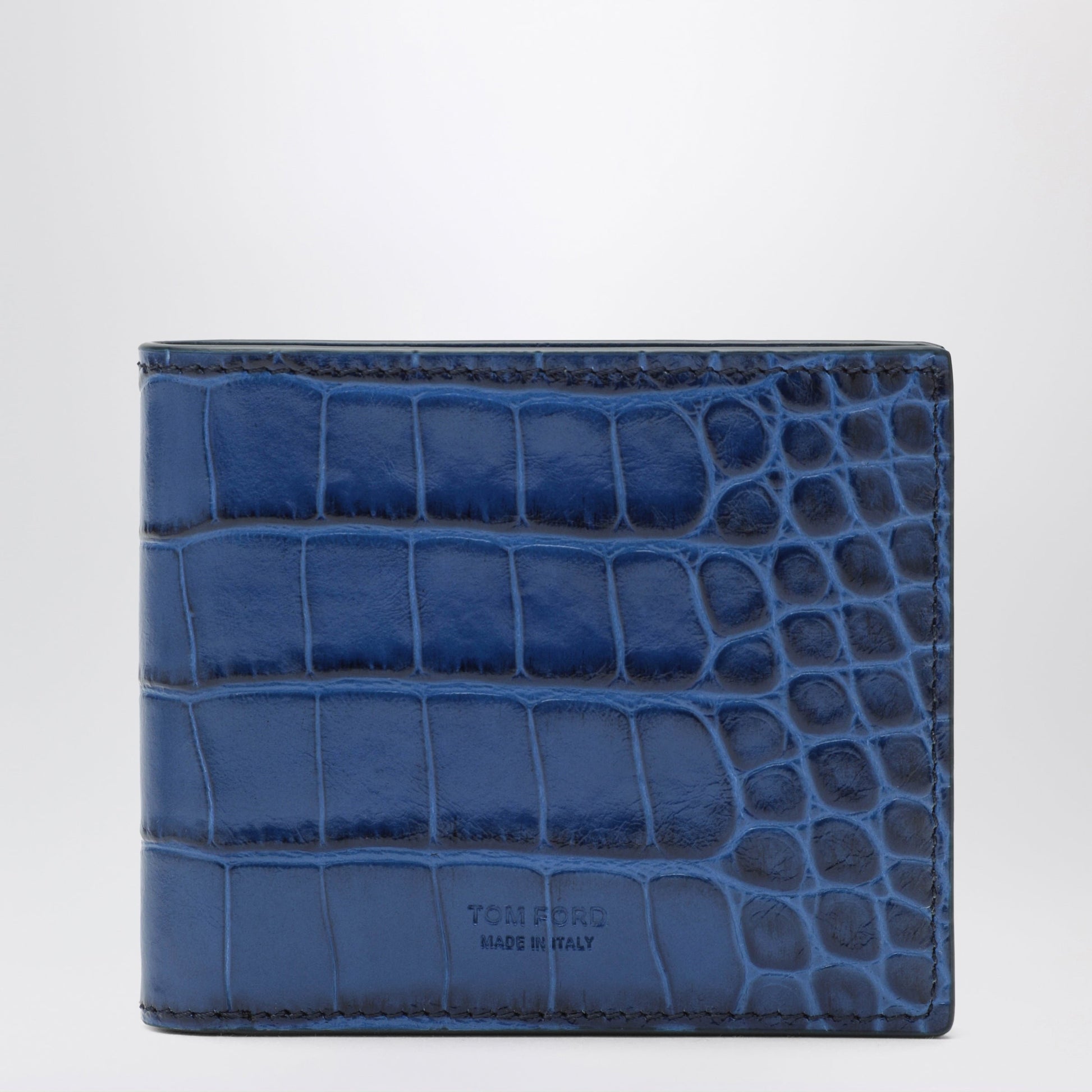 Tom Ford Bifold Wallet In Blue Glossy Crocodile-Effect Leather Men TOM FORD