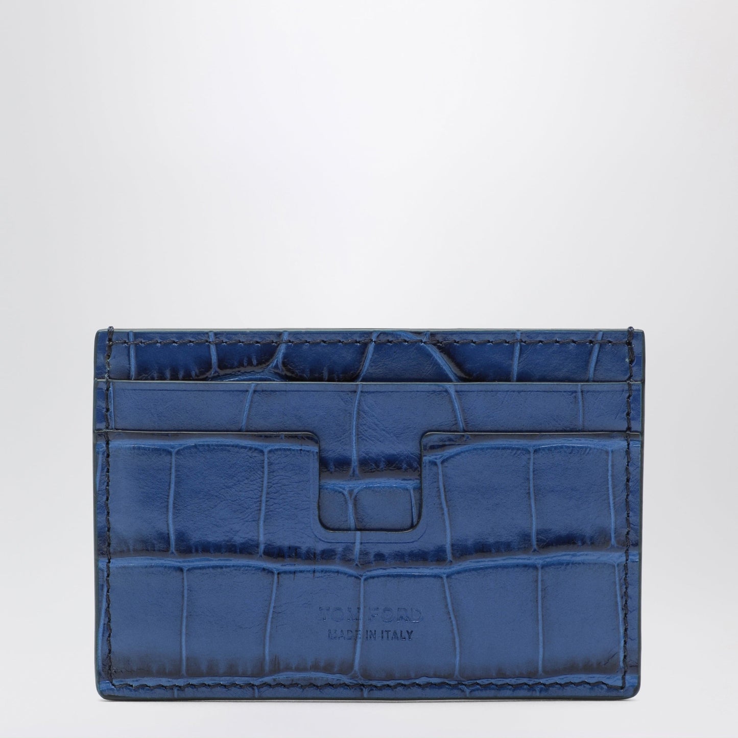 Tom Ford Card Holder In Blue Glossy Crocodile-Effect Leather Men TOM FORD