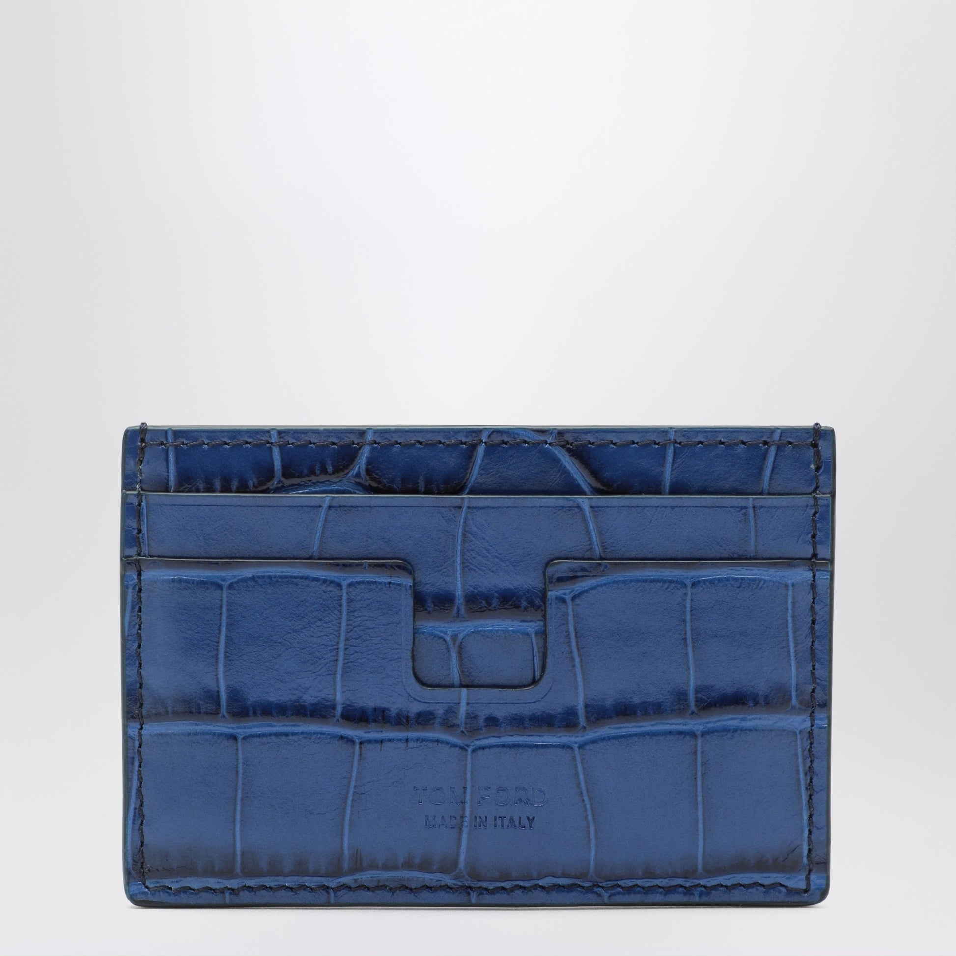 Tom Ford Card Holder In Blue Glossy Crocodile-Effect Leather Men TOM FORD