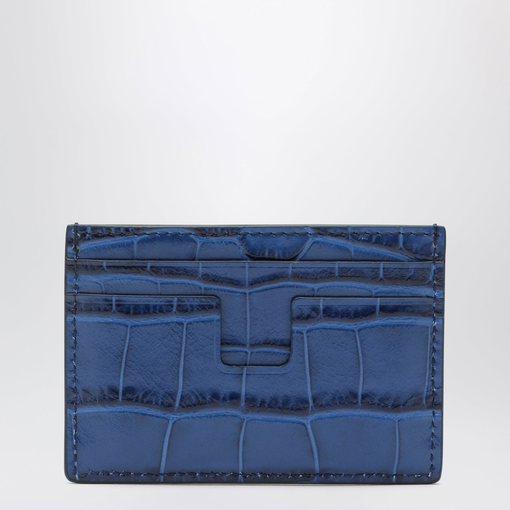 Tom Ford Card Holder In Blue Glossy Crocodile-Effect Leather Men TOM FORD