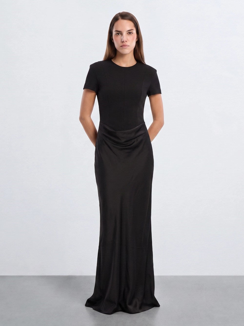 Rotate Women Long Black Dress With Short Sleeves And Drape ROTATE