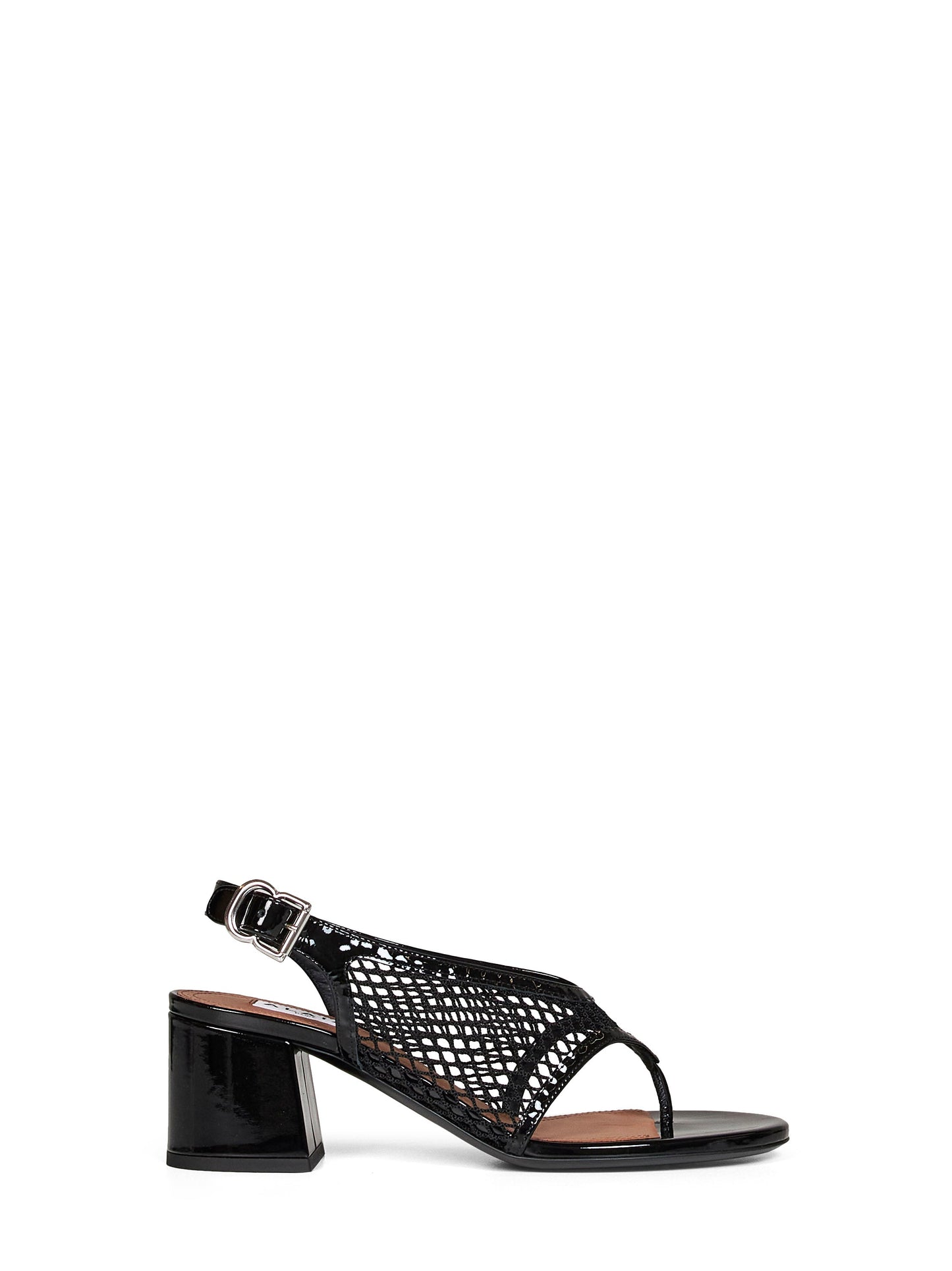 Alaïa Women Black Fishnet And Patent Leather Heeled Thong Sandals ALAIA