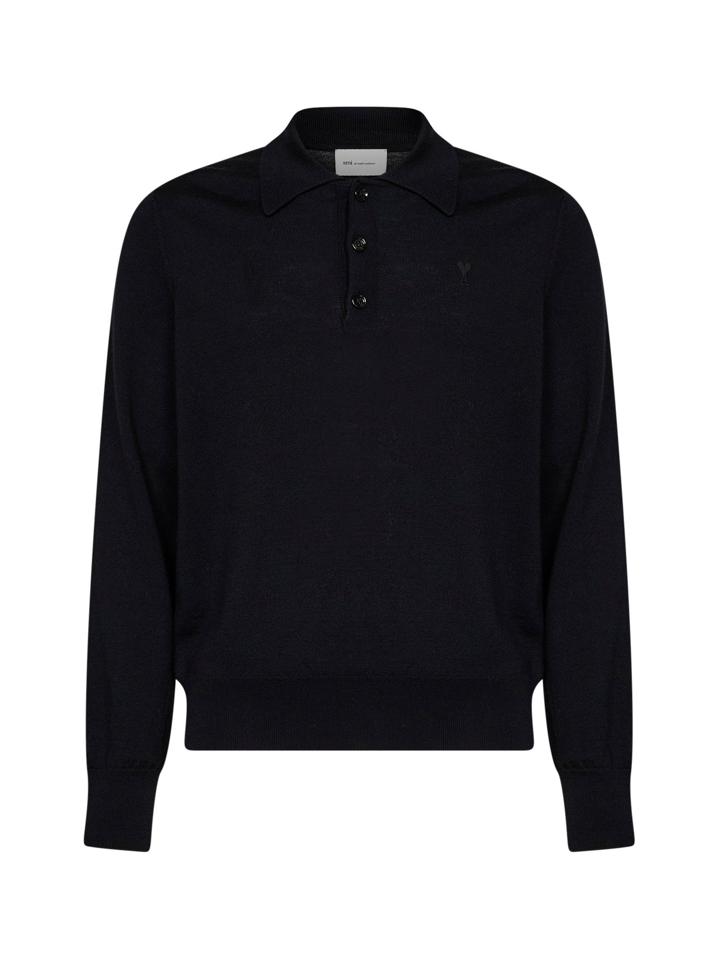 Ami Paris Men Black Extra-Fine Merino Wool Knit Ami De Cœur Polo Shirt AMI PARIS