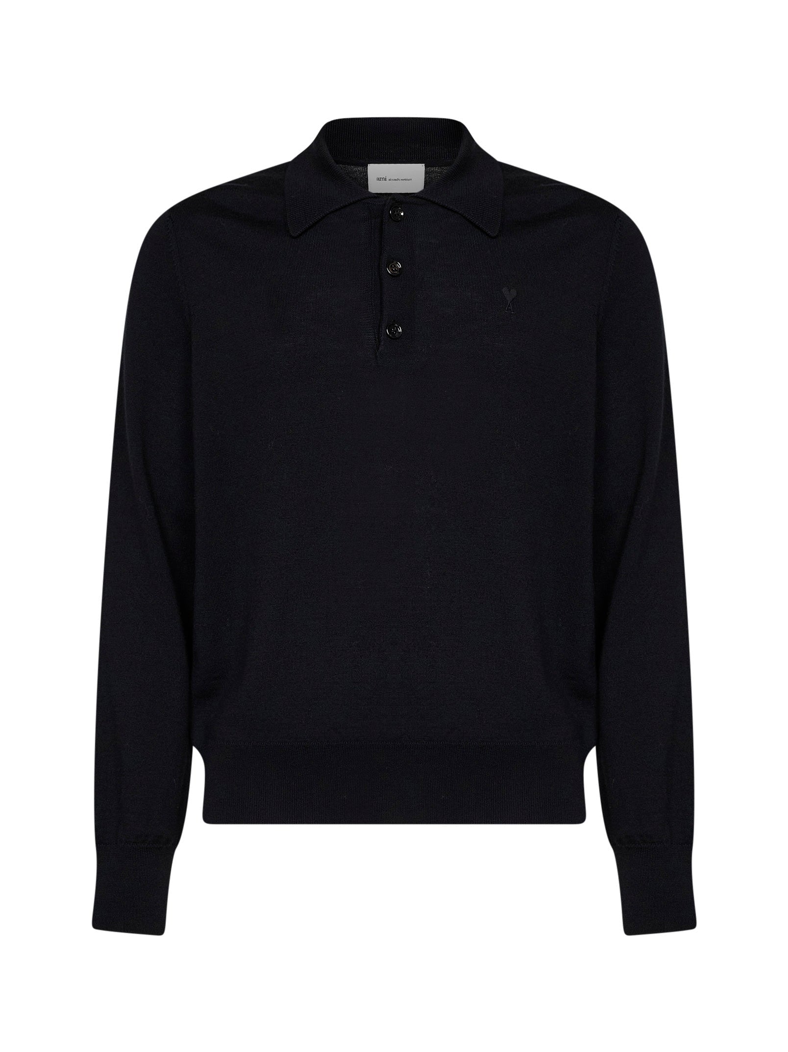 Ami Paris Men Black Extra-Fine Merino Wool Knit Ami De Cœur Polo Shirt AMI PARIS