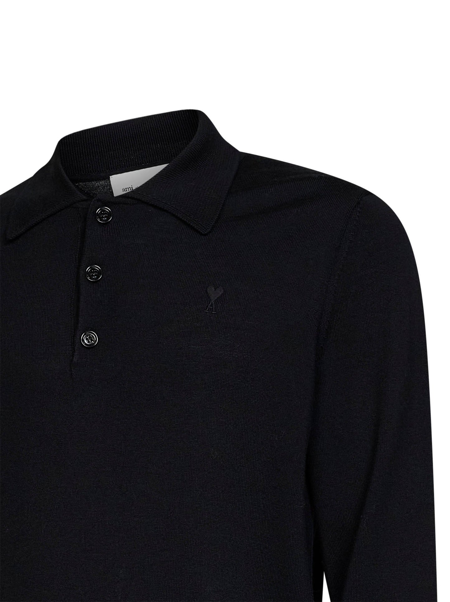Ami Paris Men Black Extra-Fine Merino Wool Knit Ami De Cœur Polo Shirt AMI PARIS