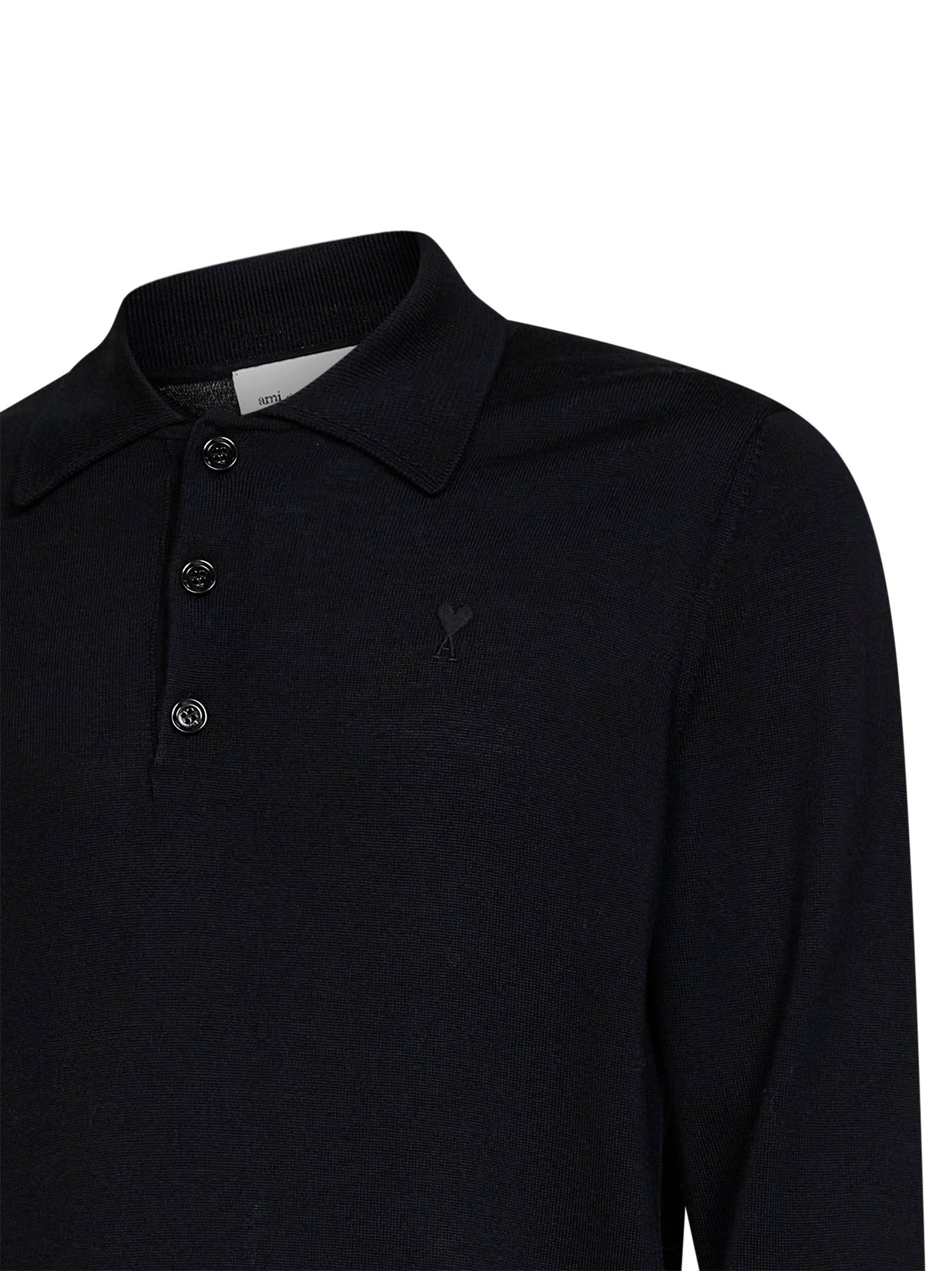 Ami Paris Men Black Extra-Fine Merino Wool Knit Ami De Cœur Polo Shirt AMI PARIS