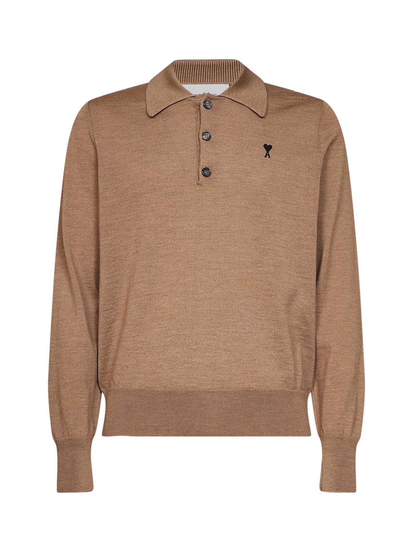 Ami Paris Men Camel Extra-Fine Merino Wool Knit Ami De Cœur Polo Shirt AMI PARIS