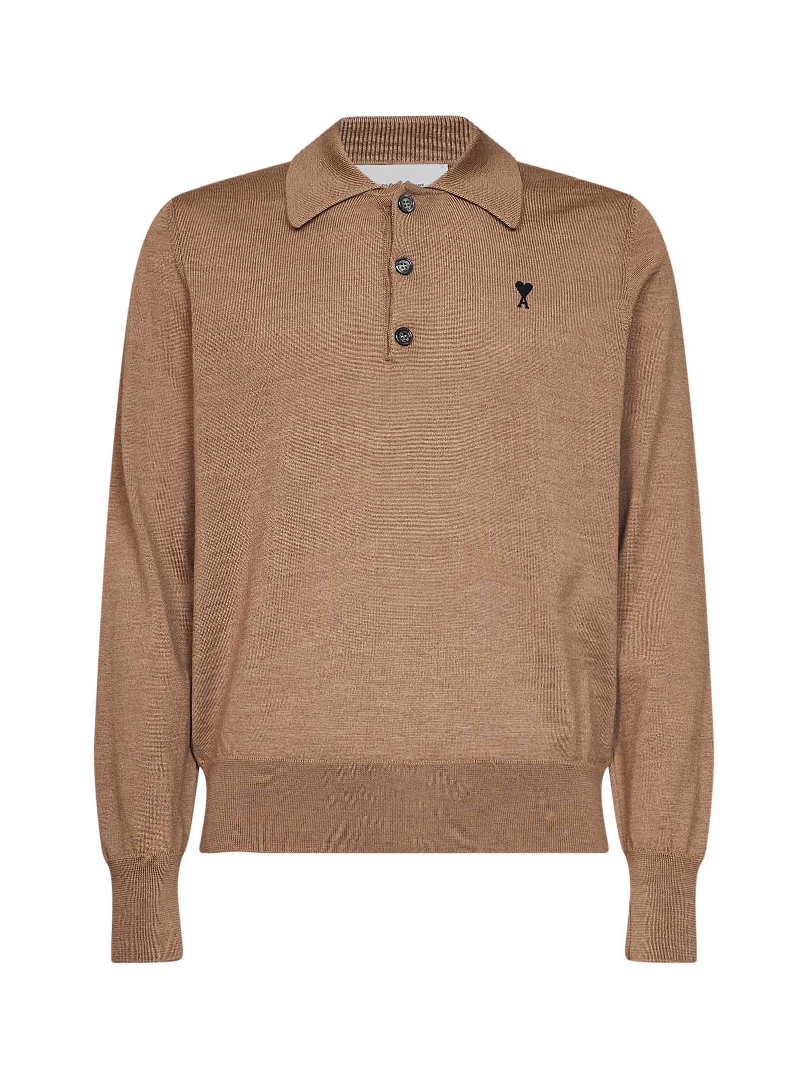 Ami Paris Men Camel Extra-Fine Merino Wool Knit Ami De Cœur Polo Shirt AMI PARIS
