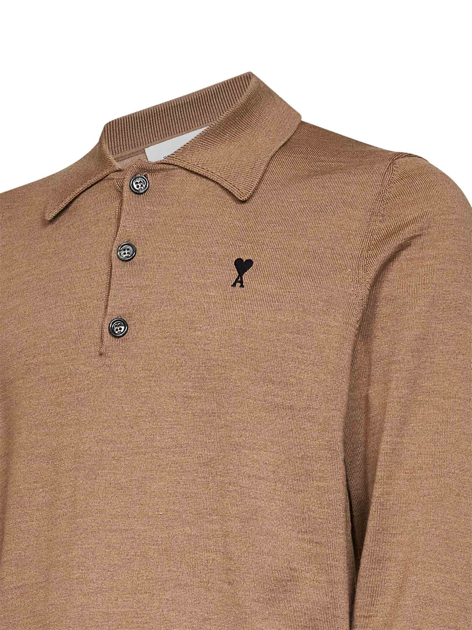 Ami Paris Men Camel Extra-Fine Merino Wool Knit Ami De Cœur Polo Shirt AMI PARIS