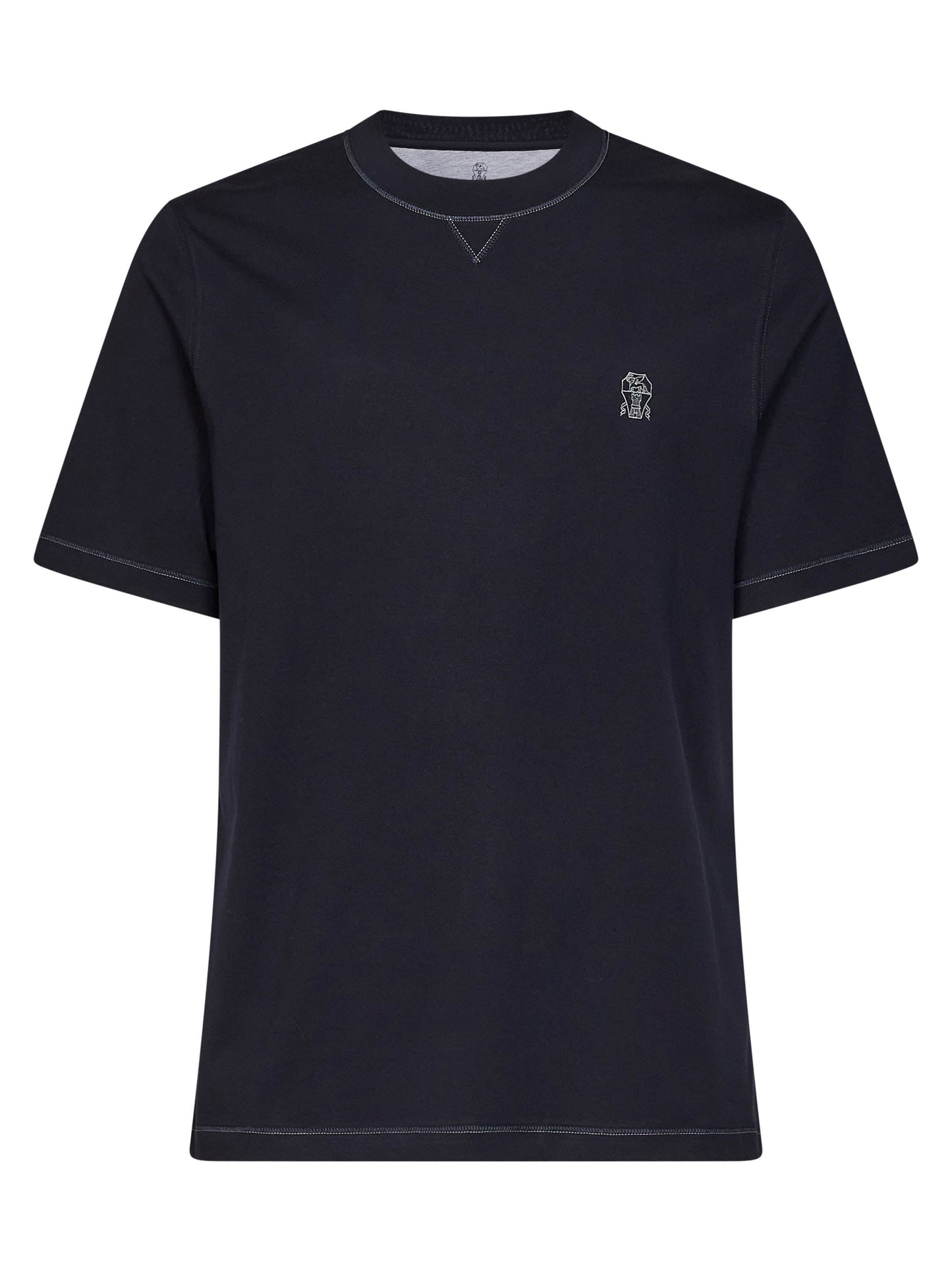 Brunello Cucinelli Men Navy Blue Solomeo Crest Crewneck T-Shirt BRUNELLO CUCINELLI