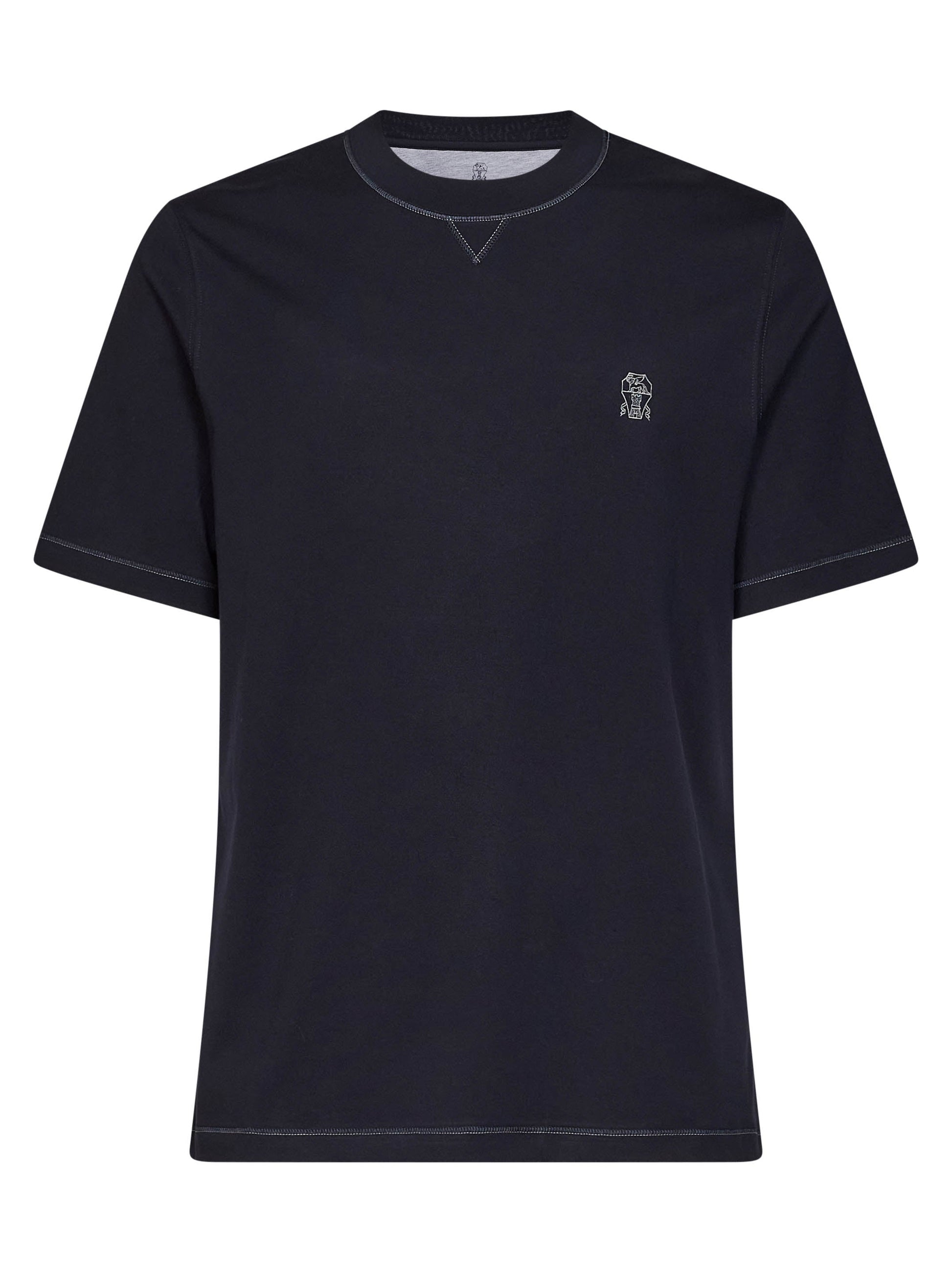 Brunello Cucinelli Men Navy Blue Solomeo Crest Crewneck T-Shirt BRUNELLO CUCINELLI