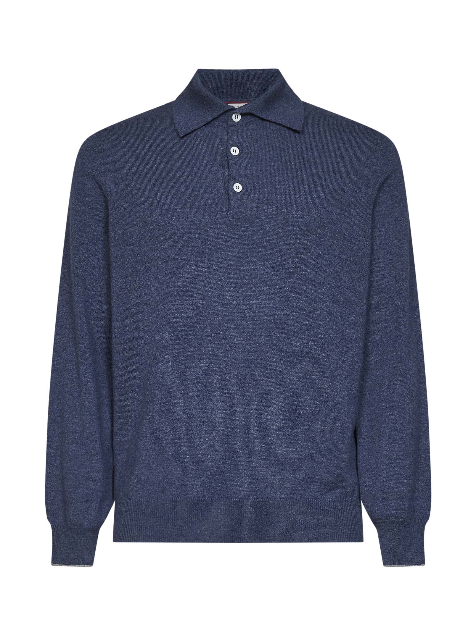 Brunello Cucinelli Men Denim Cashmere Knit Polo Shirt BRUNELLO CUCINELLI