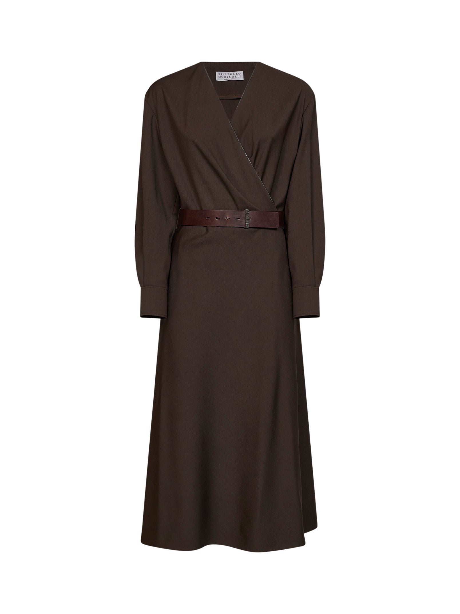 Brunello Cucinelli Women Dark Chocolate Stretch Canvas Belted Midi Dress BRUNELLO CUCINELLI