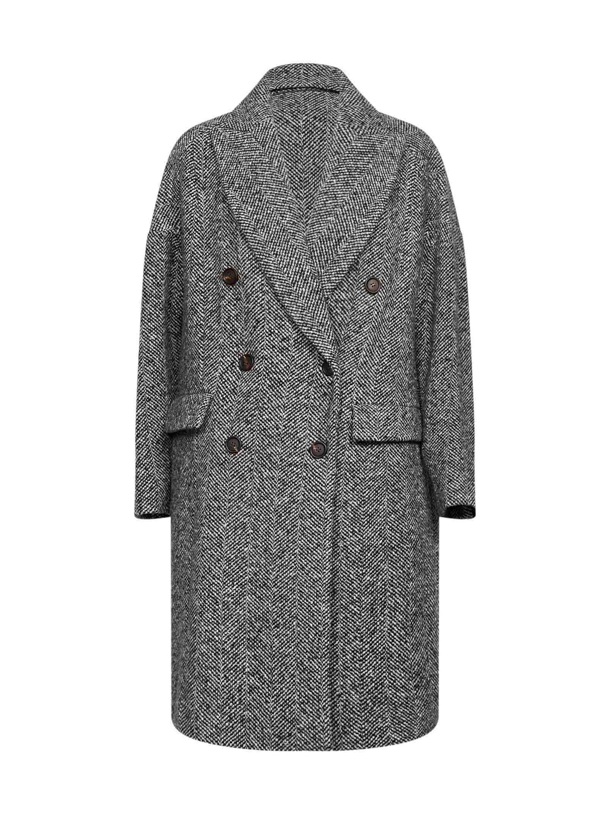 Brunello Cucinelli Women Grey Herringbone Double-Breatsed Coat BRUNELLO CUCINELLI