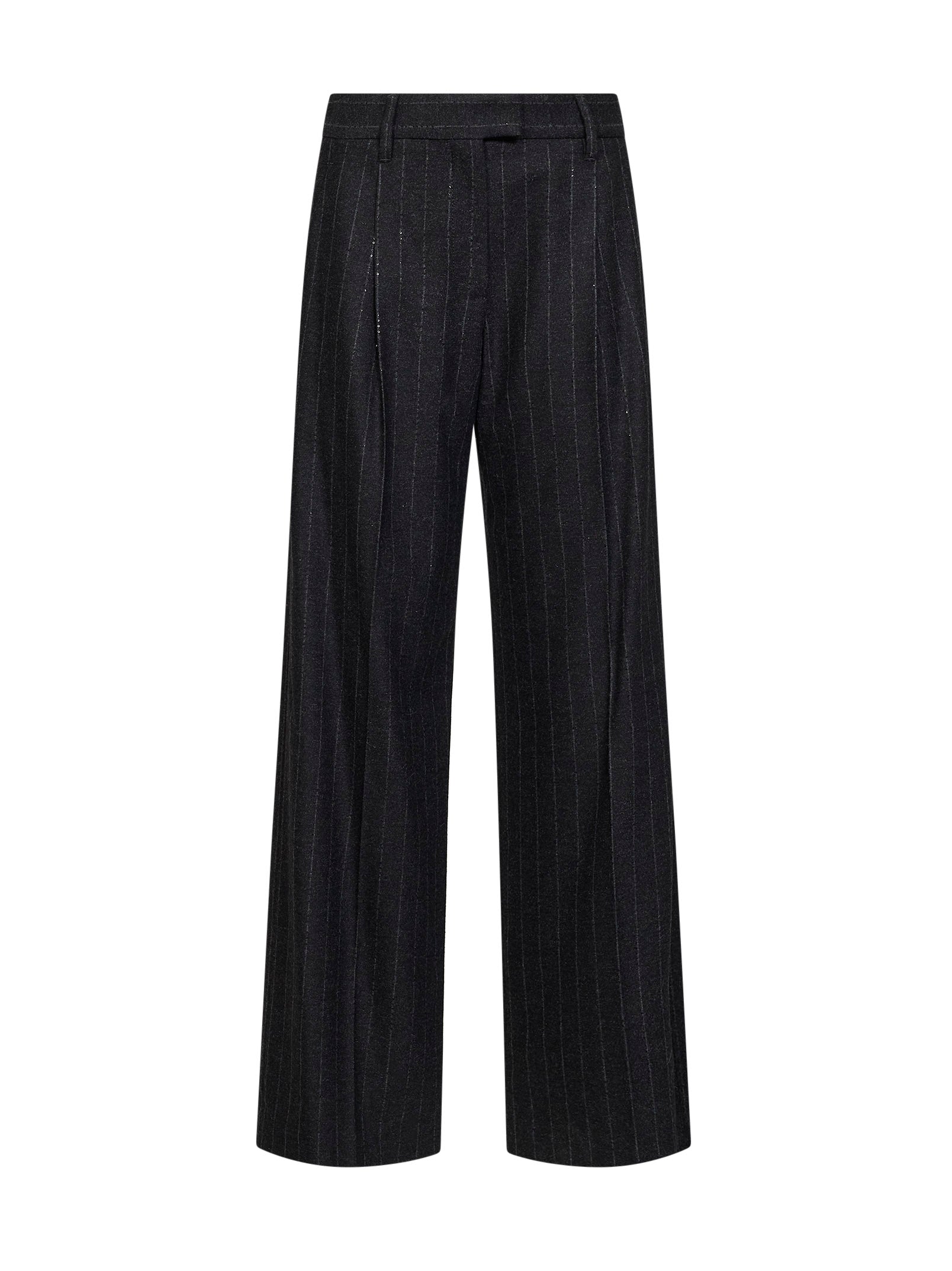Brunello Cucinelli Women Anthracite Sequin Pinstriped Wool Blend Loose Pleated Trousers BRUNELLO CUCINELLI