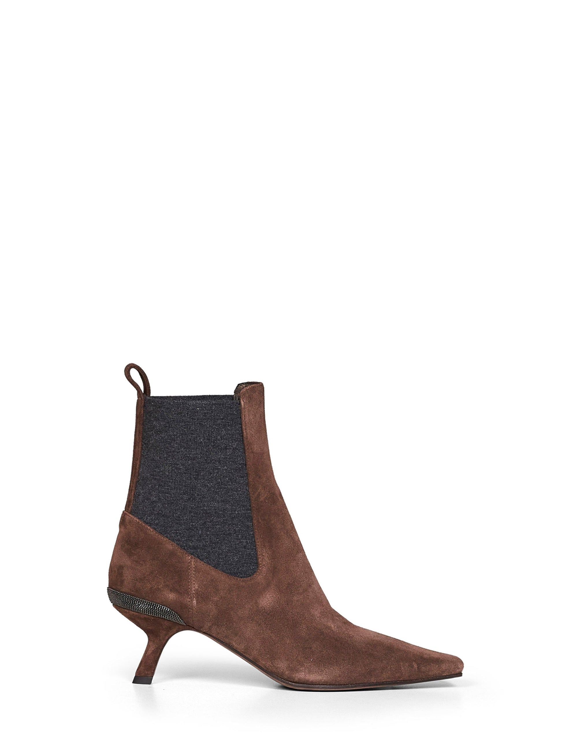 Brunello Cucinelli Women Espresso Suede Heeled Ankle Boots With Precious Details BRUNELLO CUCINELLI