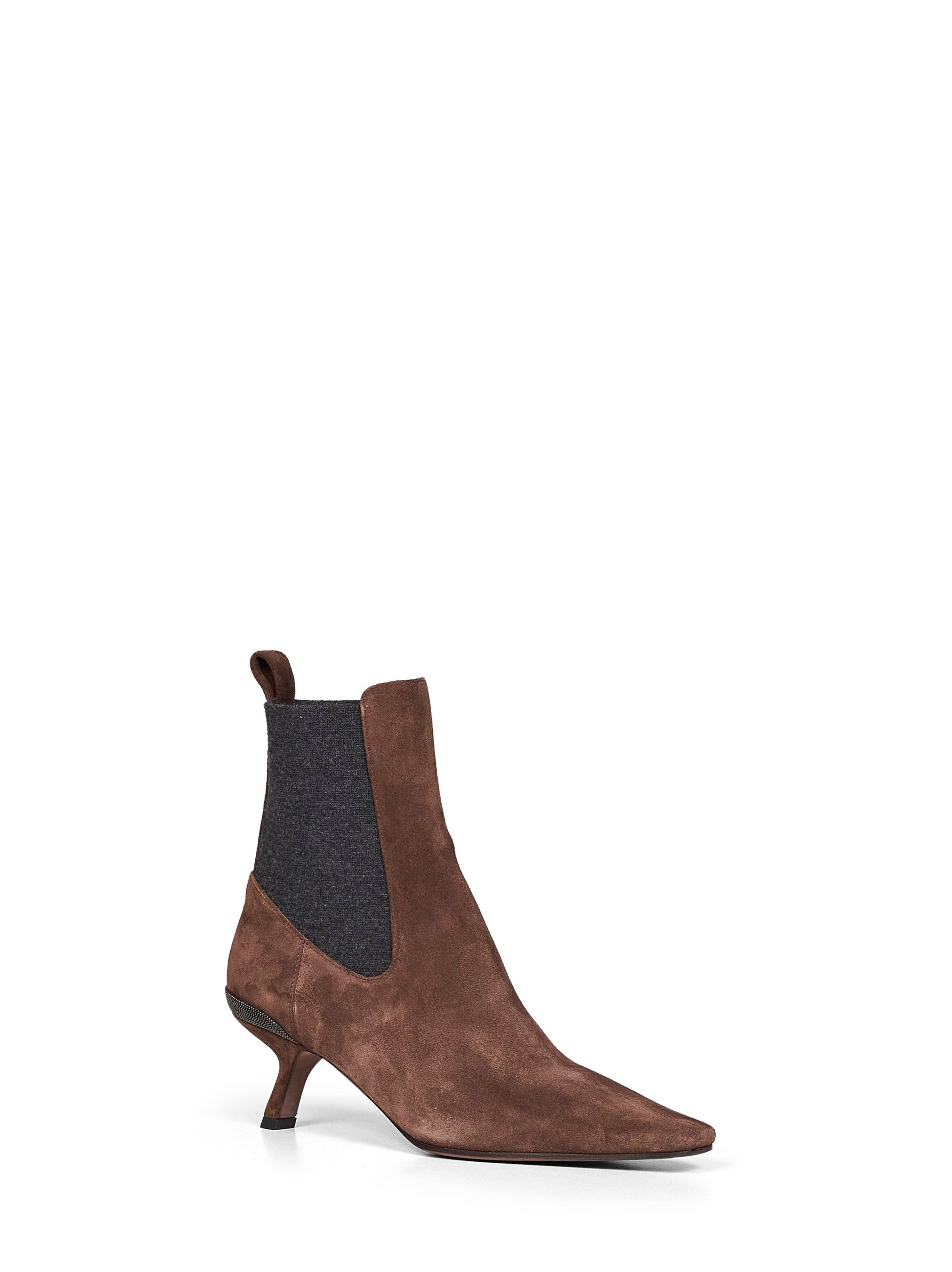 Brunello Cucinelli Women Espresso Suede Heeled Ankle Boots With Precious Details BRUNELLO CUCINELLI