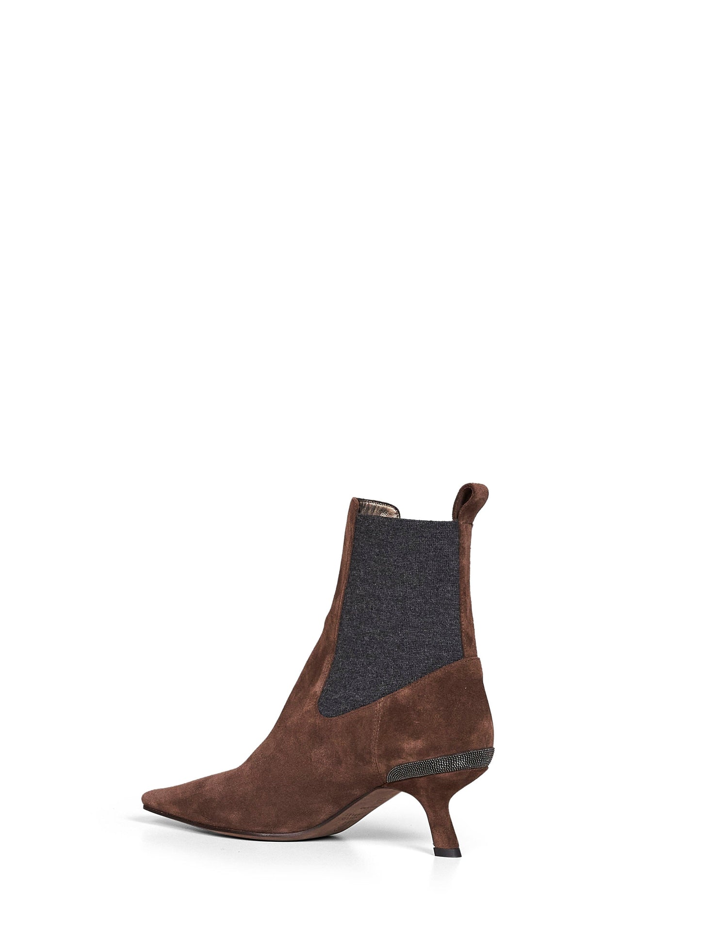 Brunello Cucinelli Women Espresso Suede Heeled Ankle Boots With Precious Details BRUNELLO CUCINELLI
