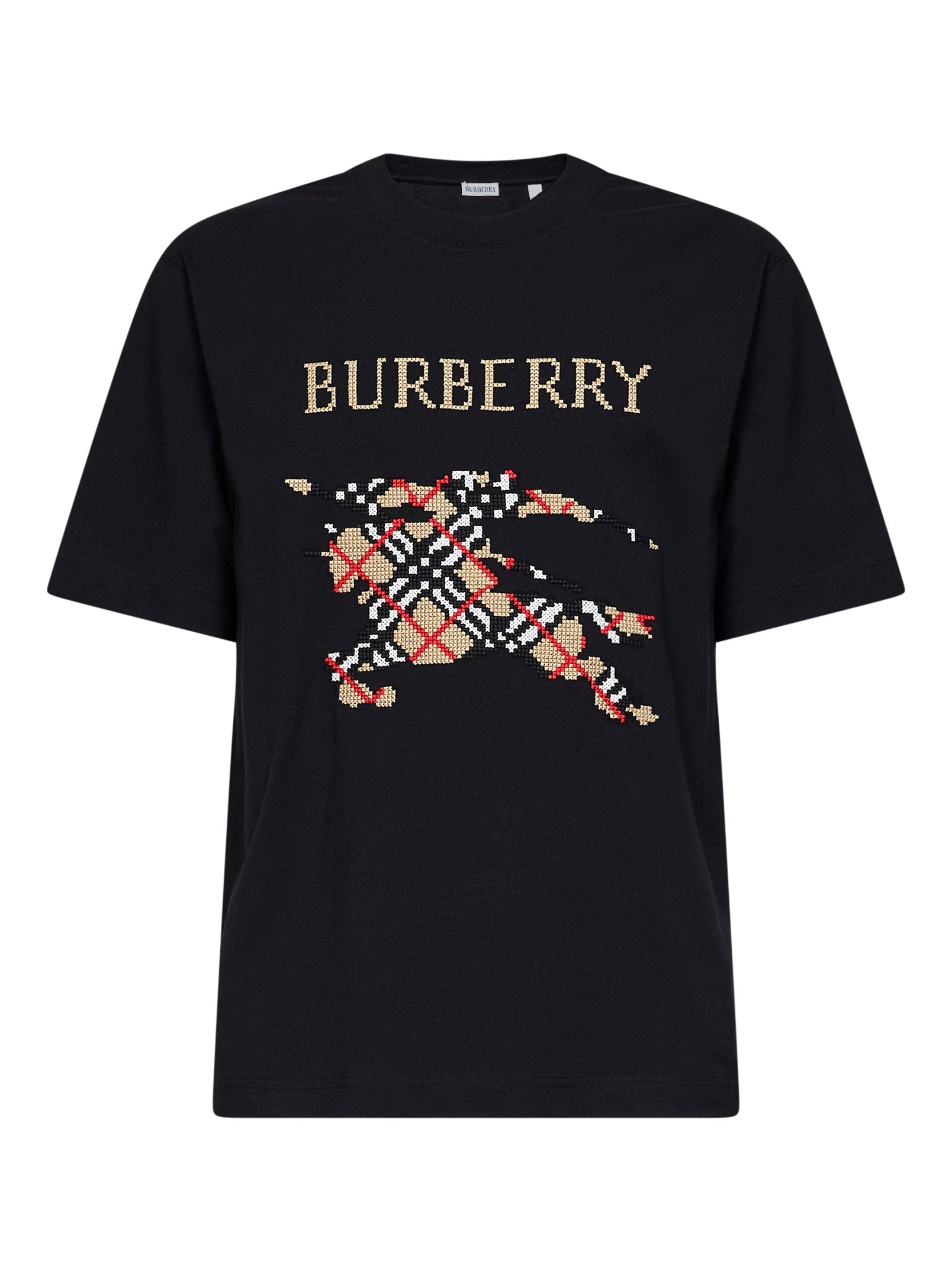 Burberry Men Black Cotton T-Shirt With Cross-Stitch Knight BURBERRY