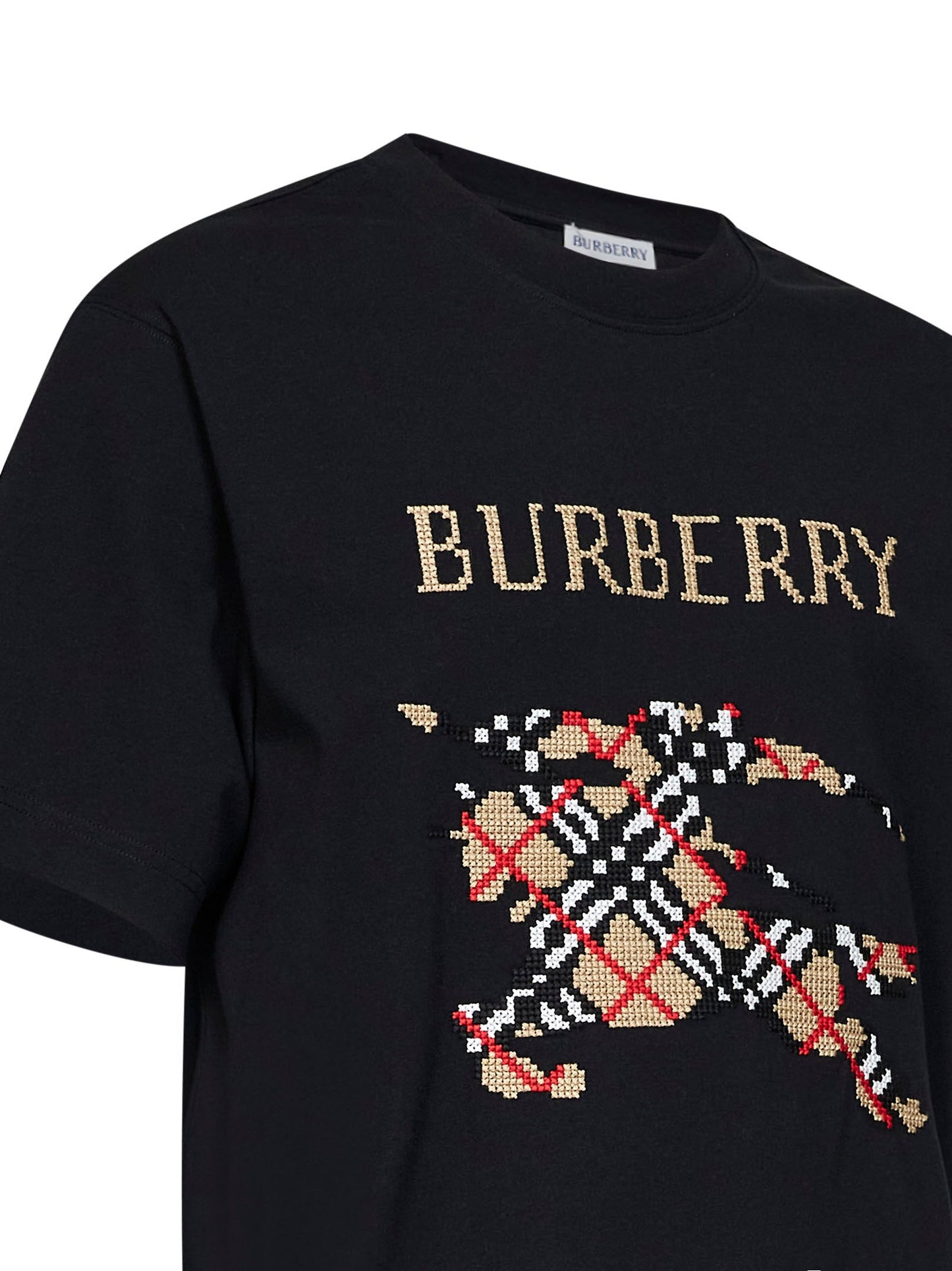 Burberry Men Black Cotton T-Shirt With Cross-Stitch Knight BURBERRY