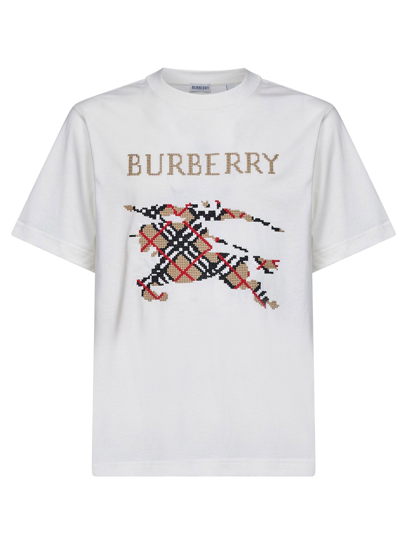 Burberry Men Chalk White Cotton T-Shirt With Cross-Stitch Knight BURBERRY