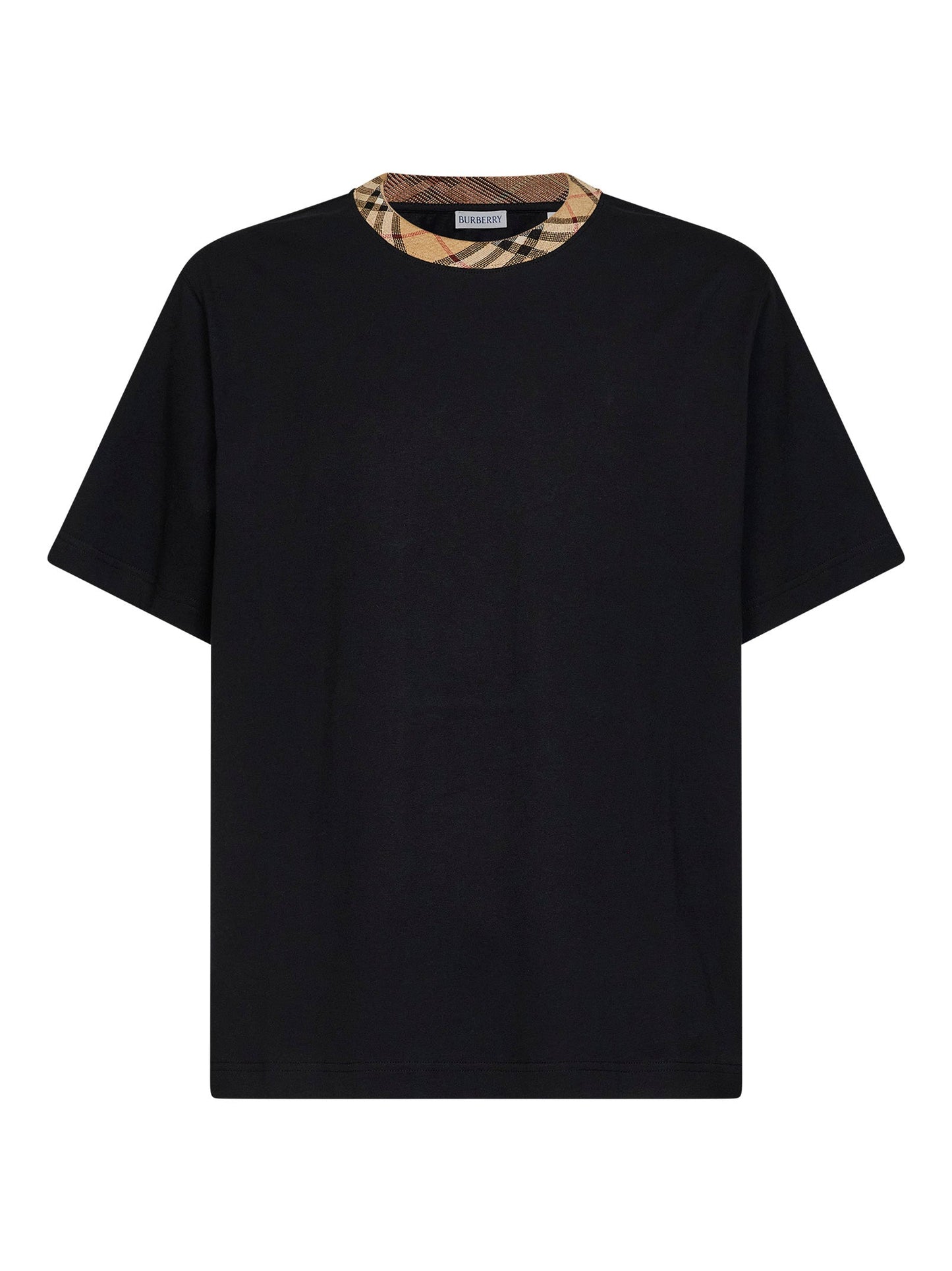 Burberry Men Black Cotton T-Shirt With Check Trim BURBERRY