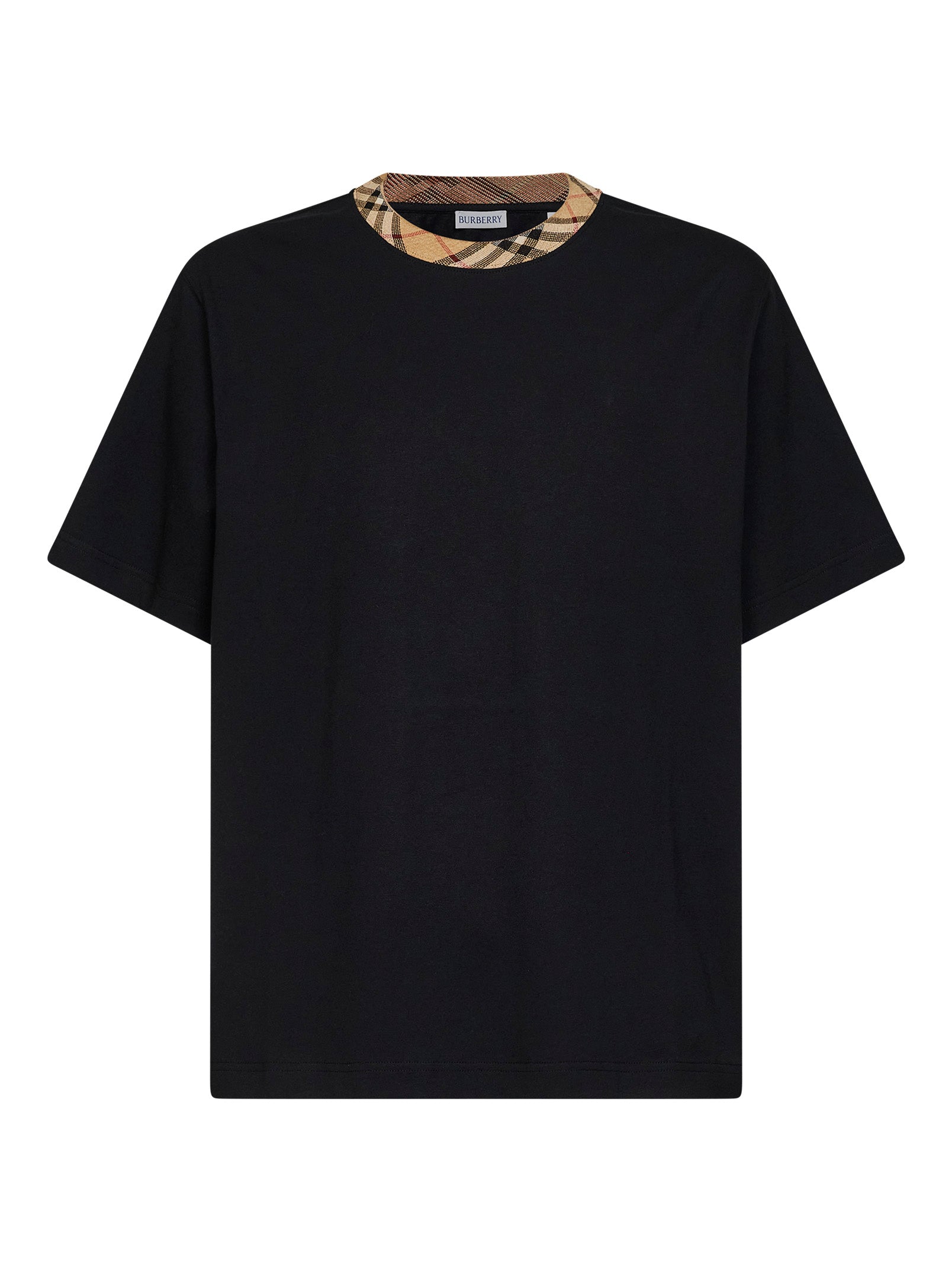 Burberry Men Black Cotton T-Shirt With Check Trim BURBERRY