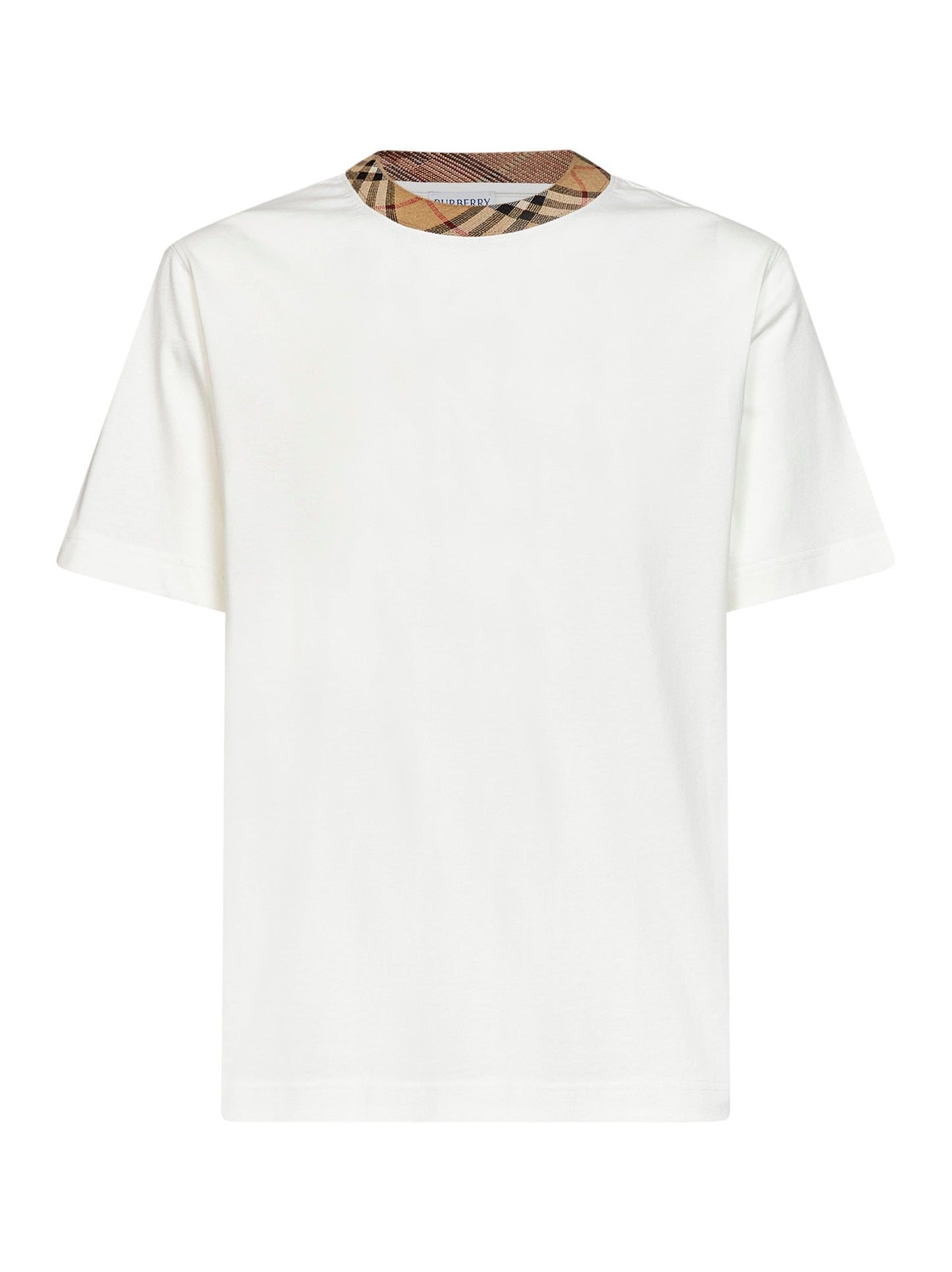 Burberry Men Chalk White Cotton T-Shirt With Check Trim BURBERRY