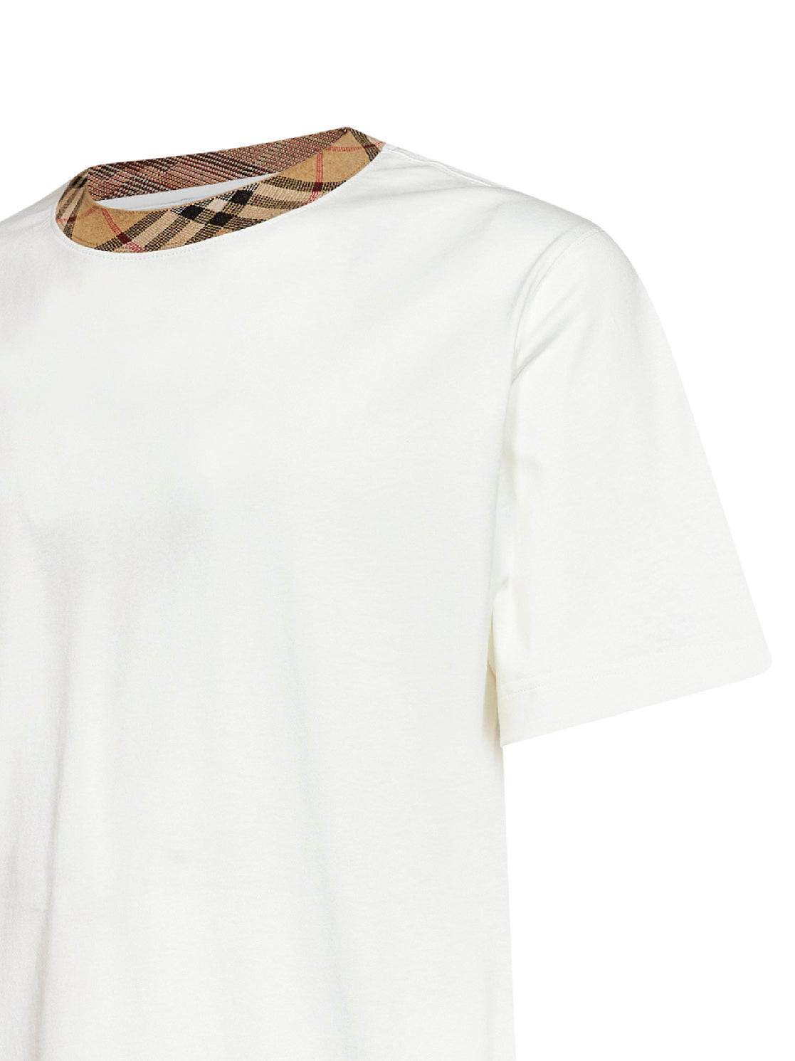 Burberry Men Chalk White Cotton T-Shirt With Check Trim BURBERRY