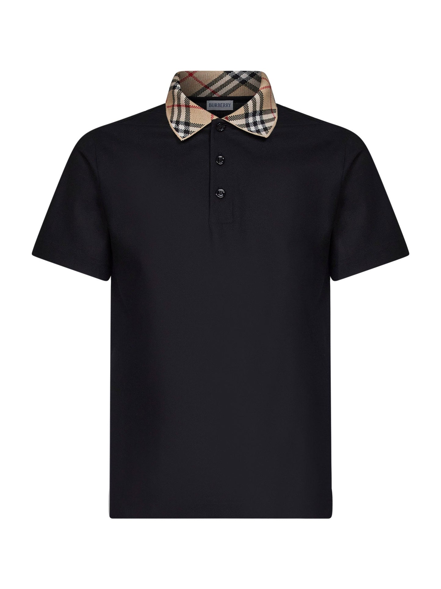 Burberry Men Black Cotton Pique Polo Shirt With Check Collar BURBERRY
