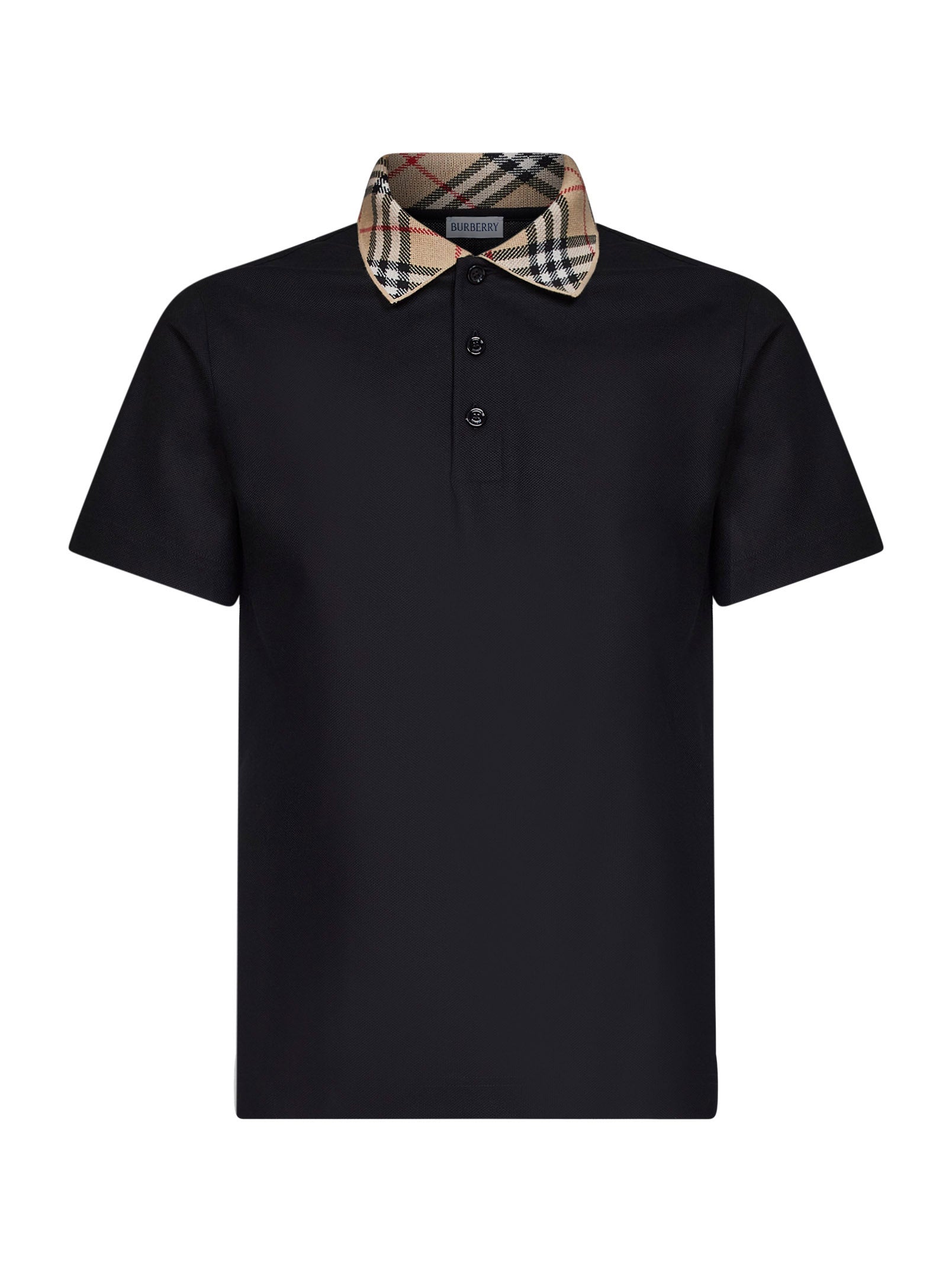 Burberry Men Black Cotton Pique Polo Shirt With Check Collar BURBERRY