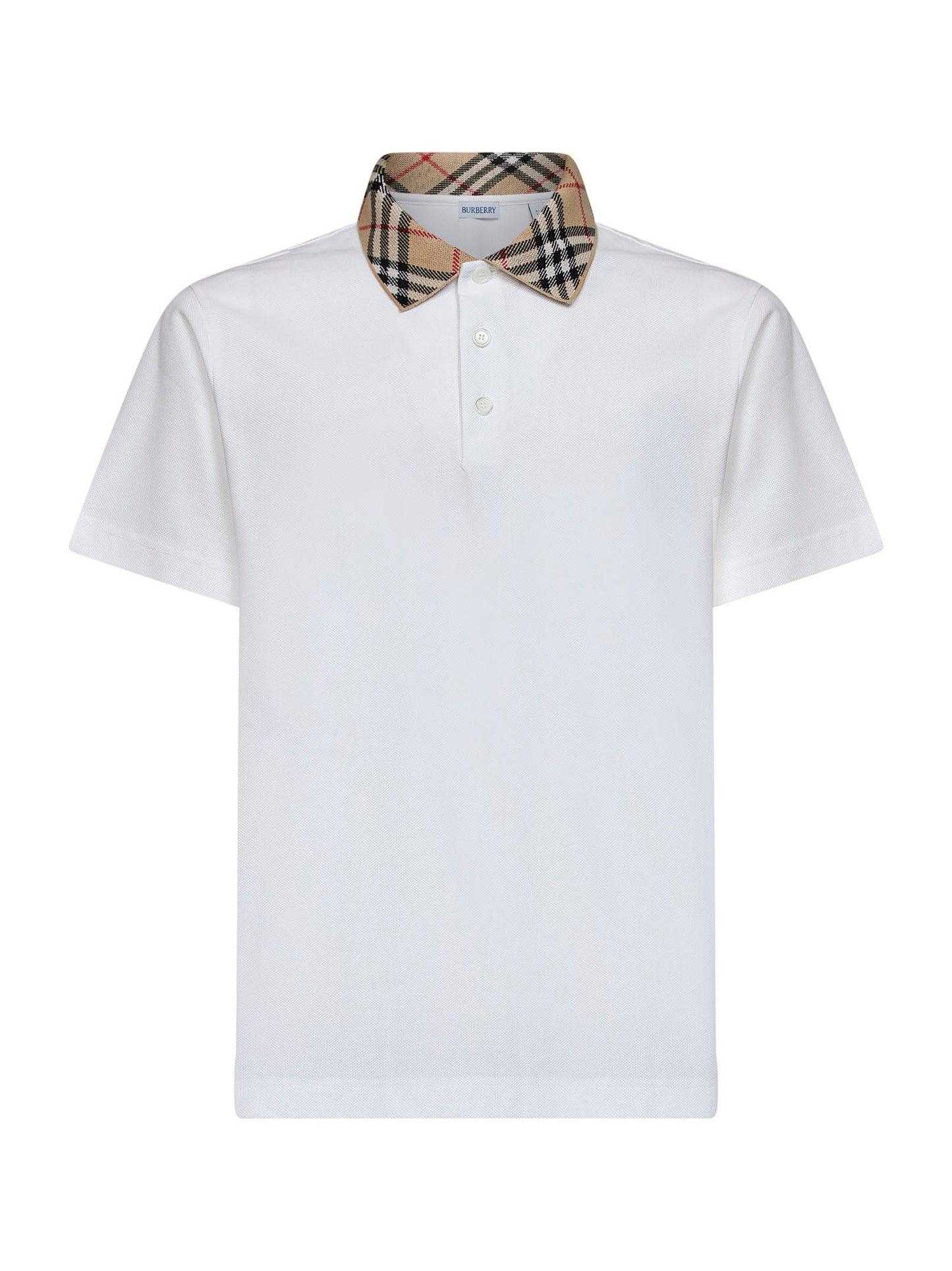 Burberry Men Chalk White Cotton Pique Polo Shirt With Check Collar BURBERRY