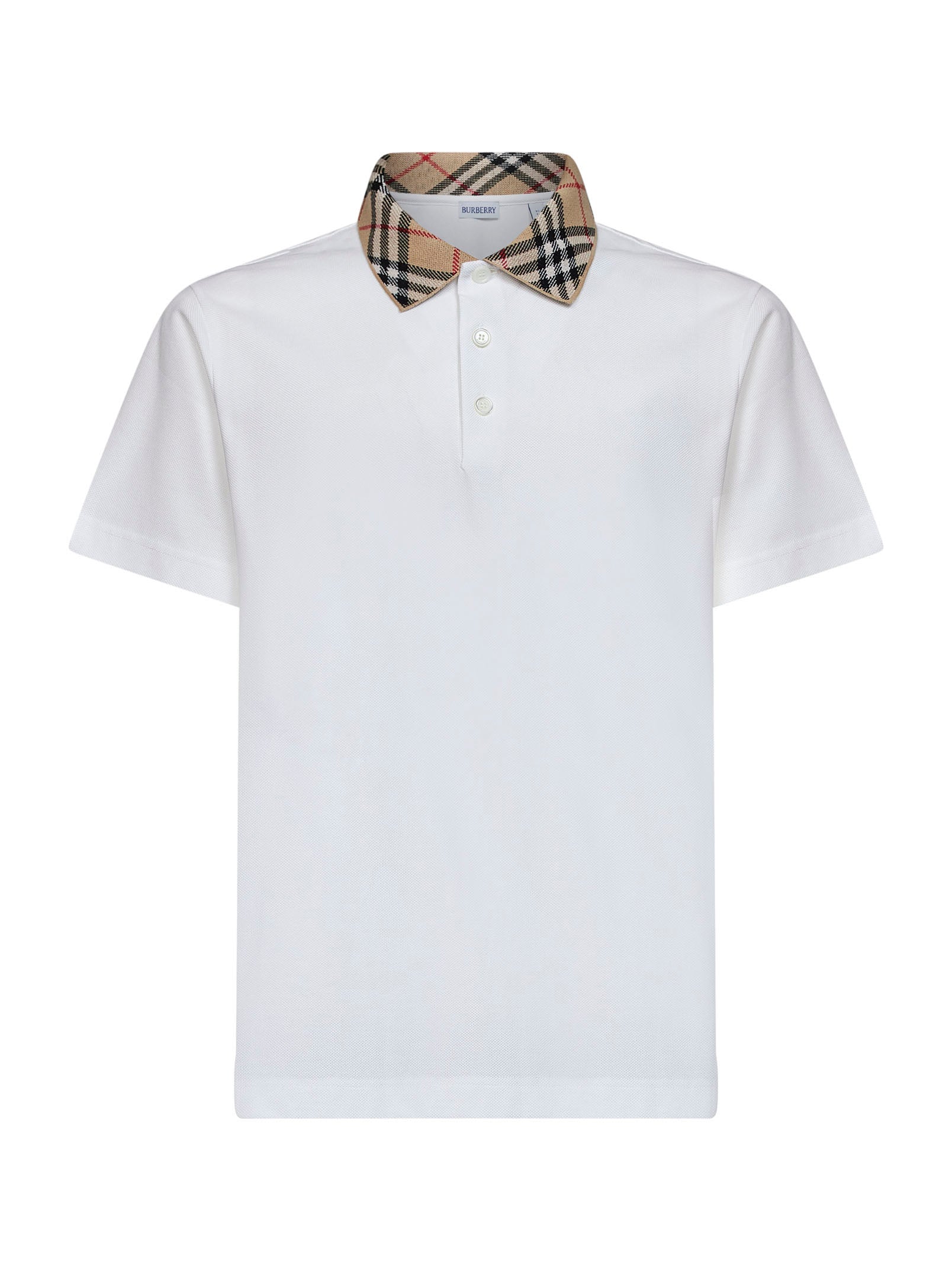 Burberry Men Chalk White Cotton Pique Polo Shirt With Check Collar BURBERRY