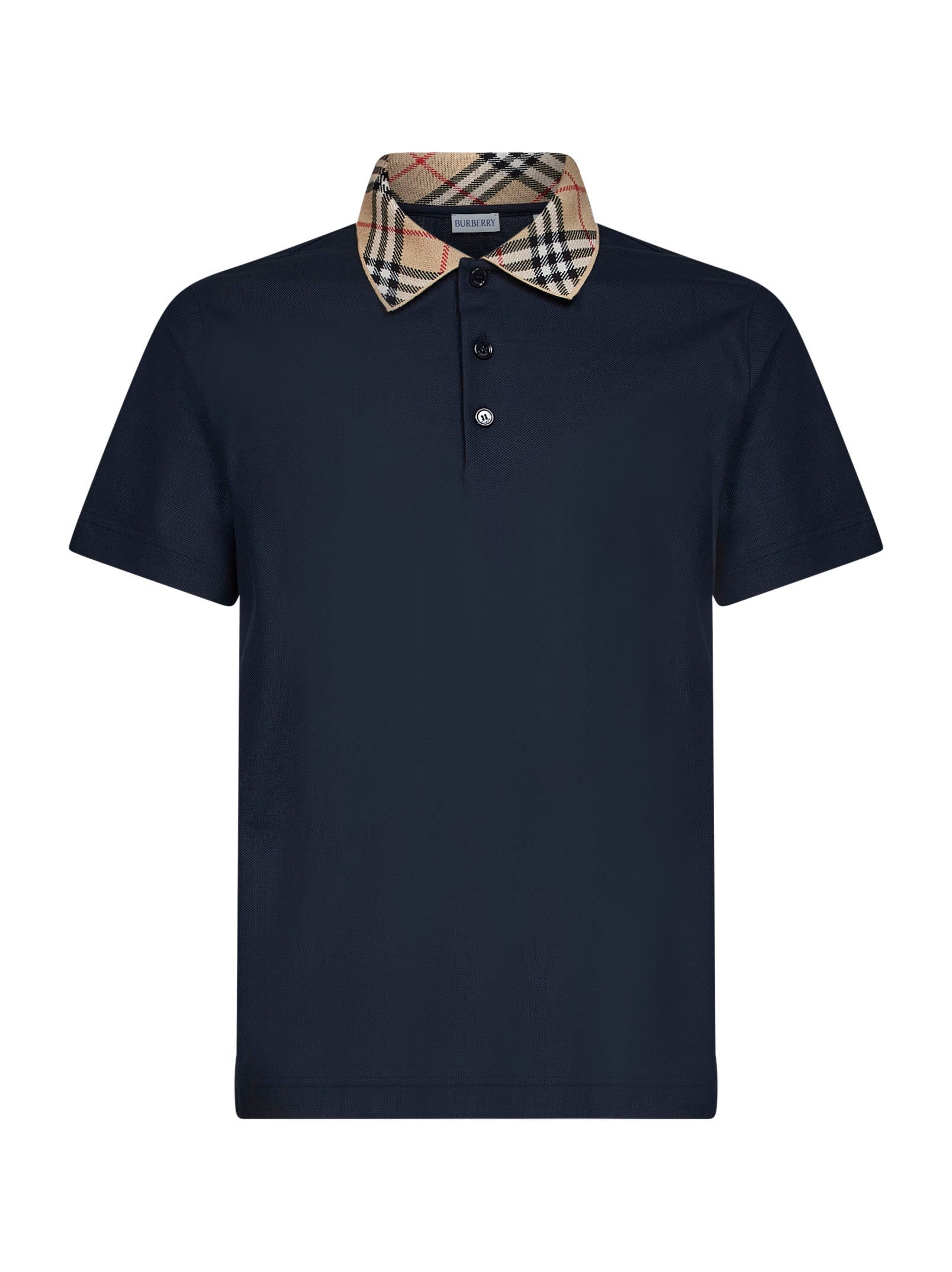 Burberry Men Navy Blue Cotton Pique Polo Shirt With Check Collar BURBERRY