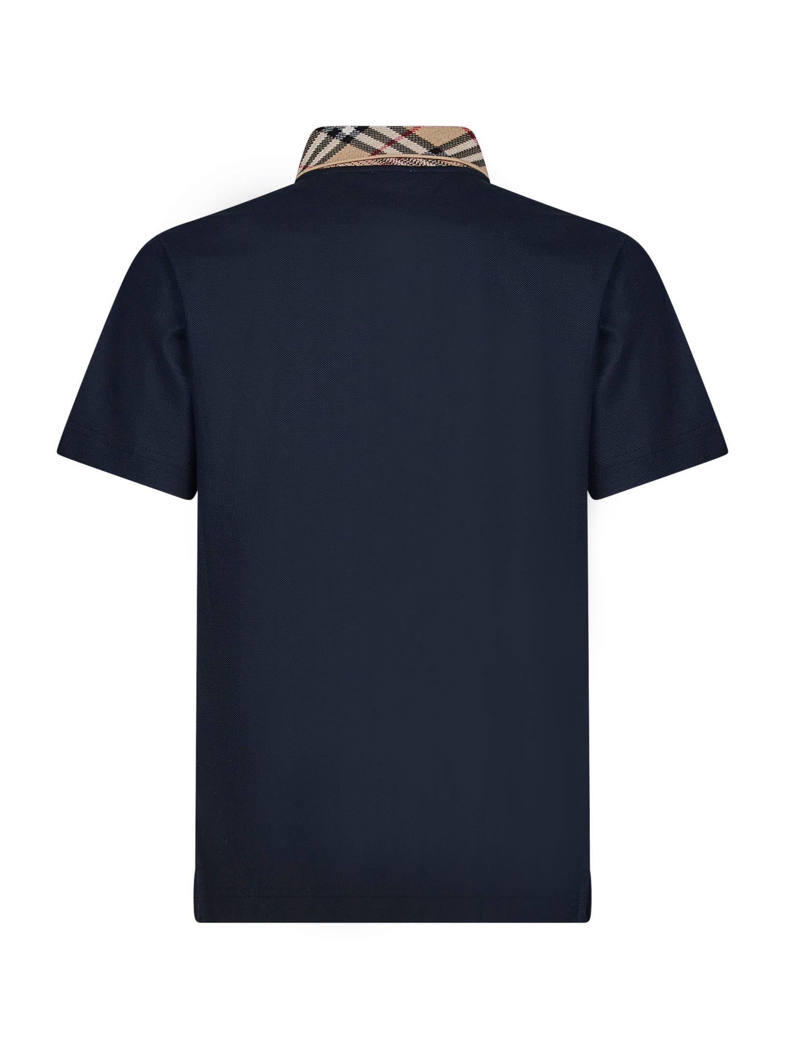 Burberry Men Navy Blue Cotton Pique Polo Shirt With Check Collar BURBERRY