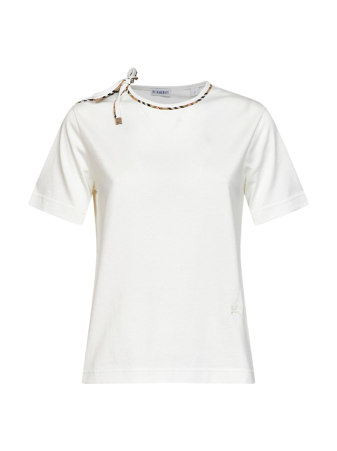 Burberry Women Chalk White Cotton T-Shirt With Check Ties BURBERRY