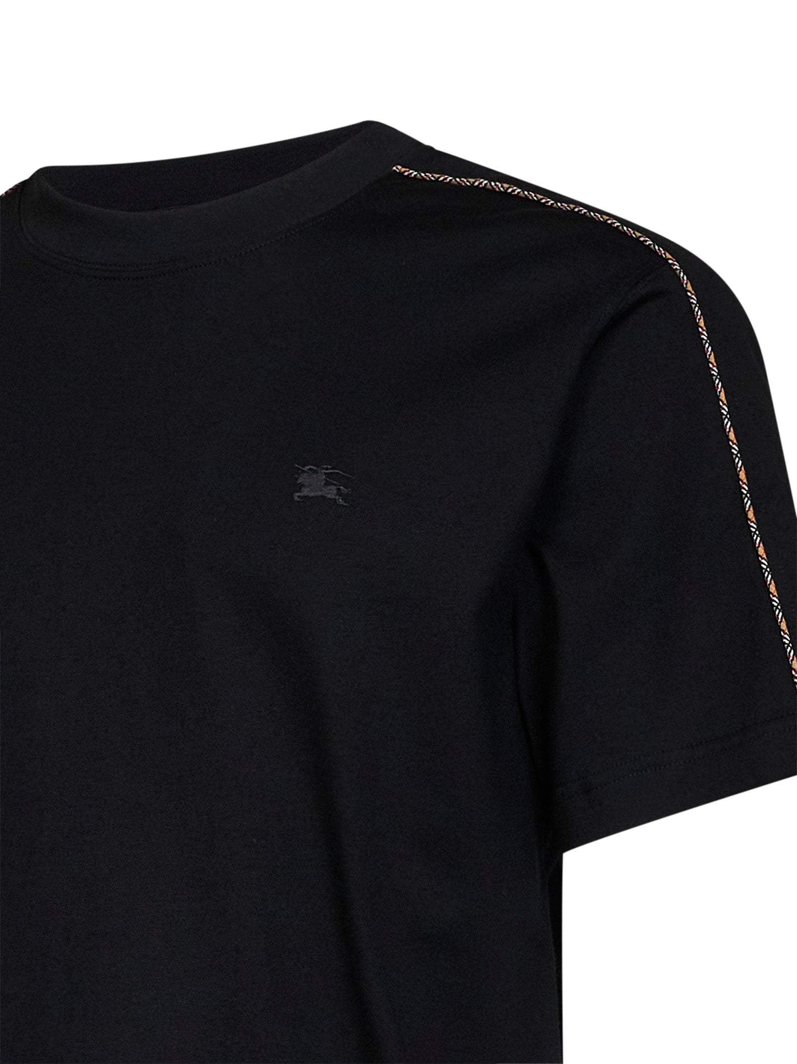 Burberry Men Black Cotton T-Shirt With Check Trims BURBERRY