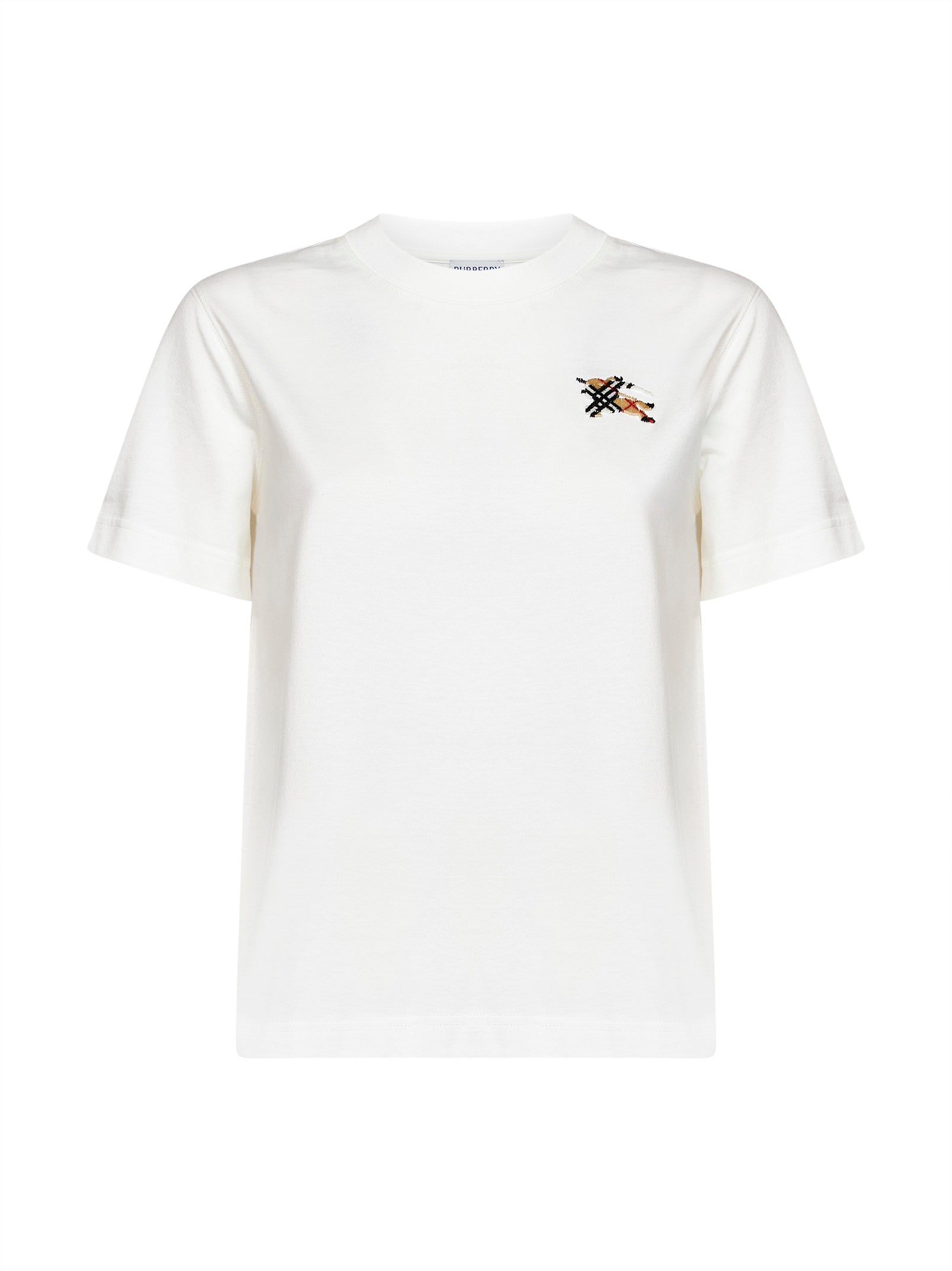 Burberry Women Chalk White Cotton T-Shirt With Knight Check BURBERRY