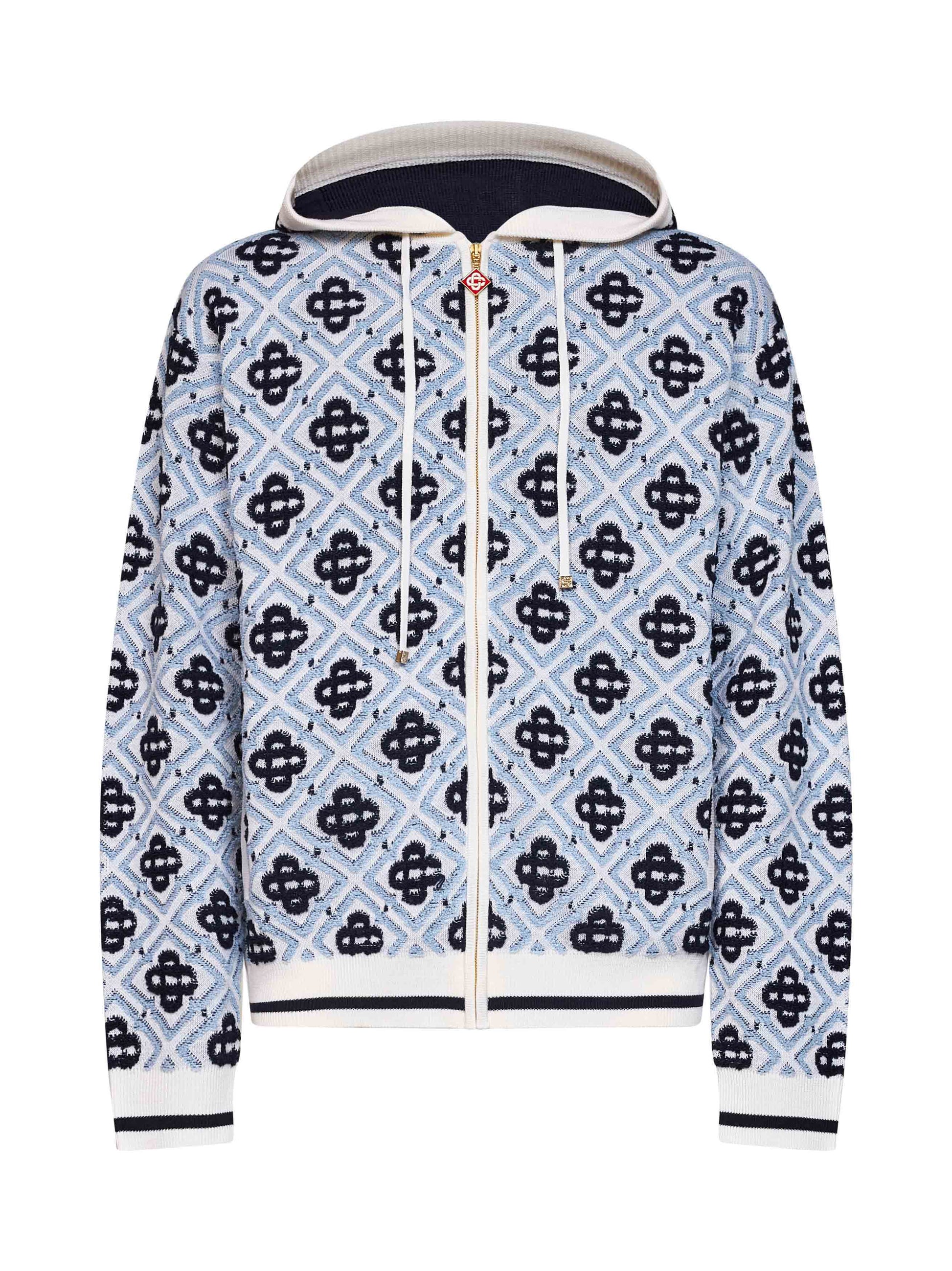 Casablanca Men White And Black Wool Cc Monogram Zip-Up Hoodie CASABLANCA