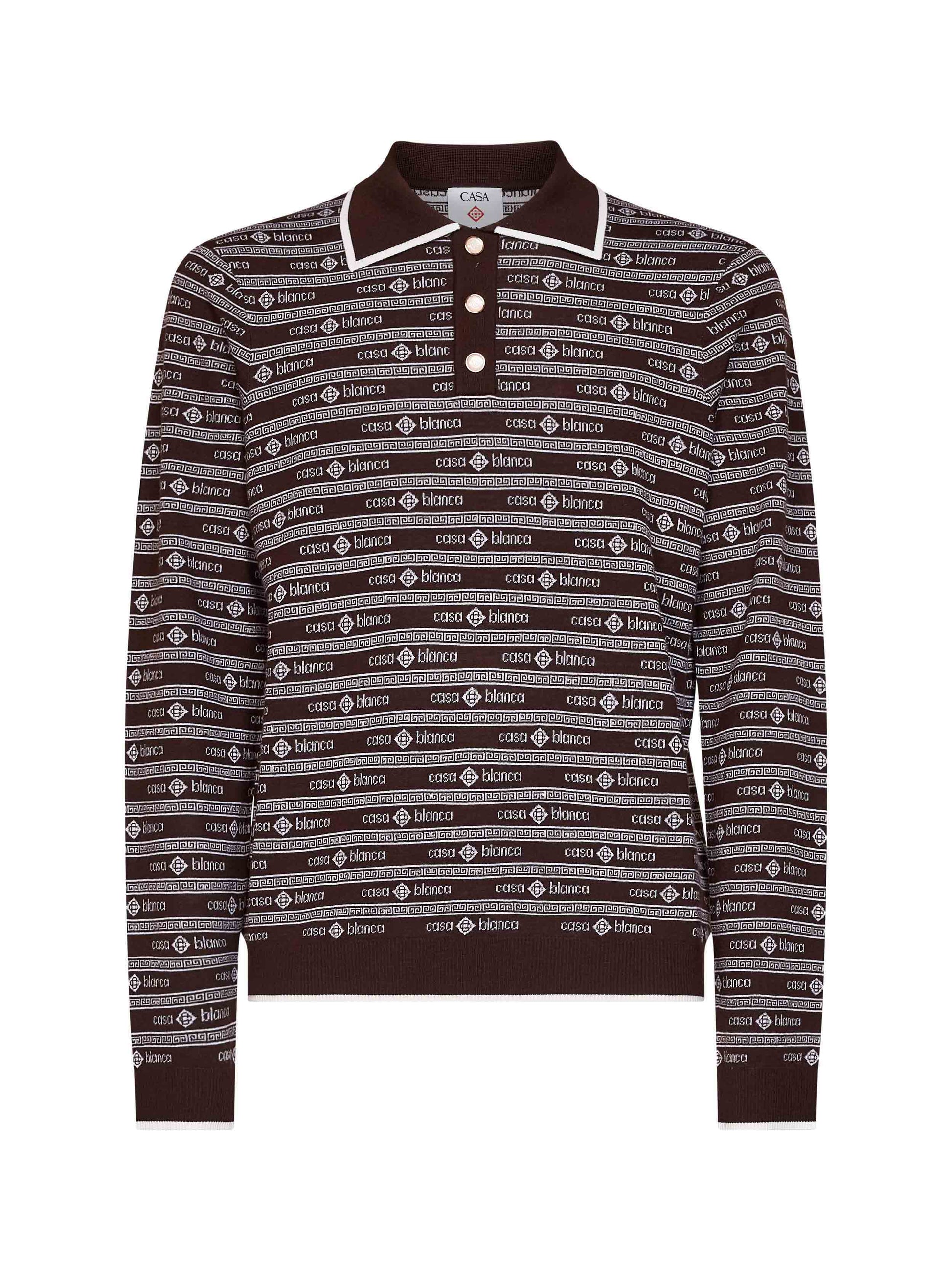 Casablanca Men Dark Brown Wool Knit Wordmark Polo Shirt CASABLANCA